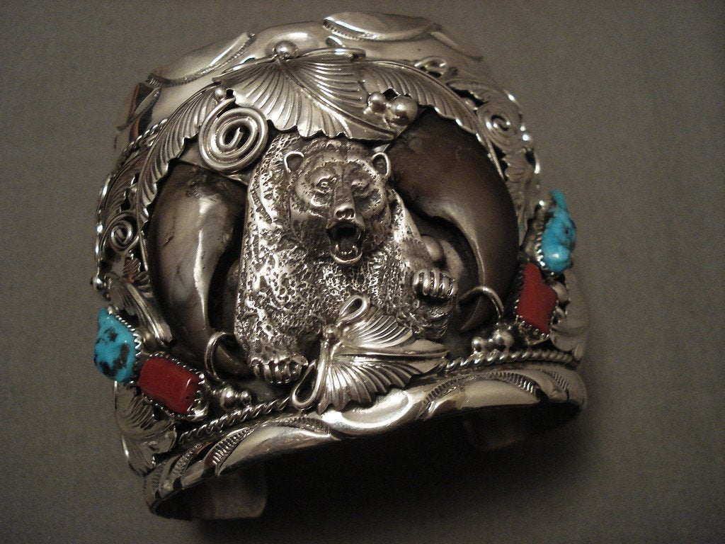 203g Monster 'Screaming Bear' Turquoise Coral Native American Sterling Silver Bracelet - Handmade Southwest Jewelry for Women, Boho Chic Accessories for Festival & Everyday Wear