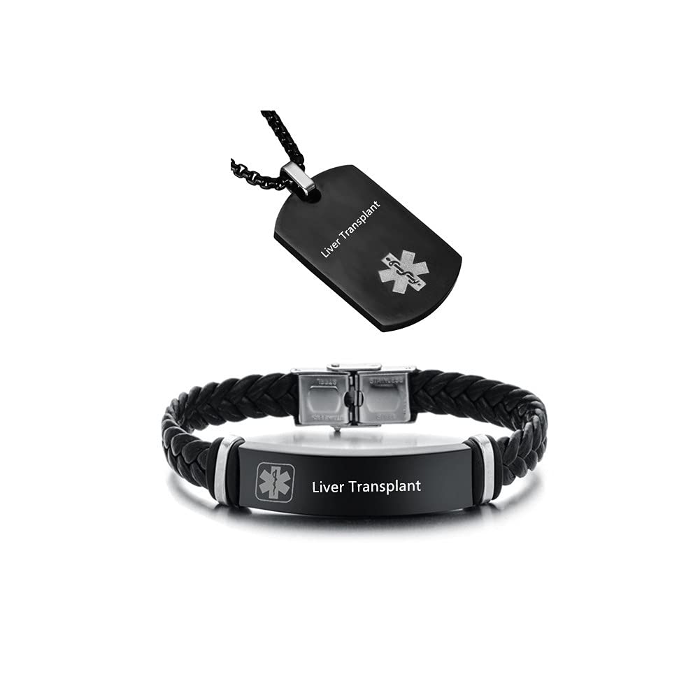 ZKXXJ Medical Alert ID Necklace & Bracelet Set - Stainless Steel Pendant & Leather Cuff for Men & Women - Customizable Allergy Awareness Jewelry - Perfect for Emergency Medical Identification, Daily Wear & Travel Safety