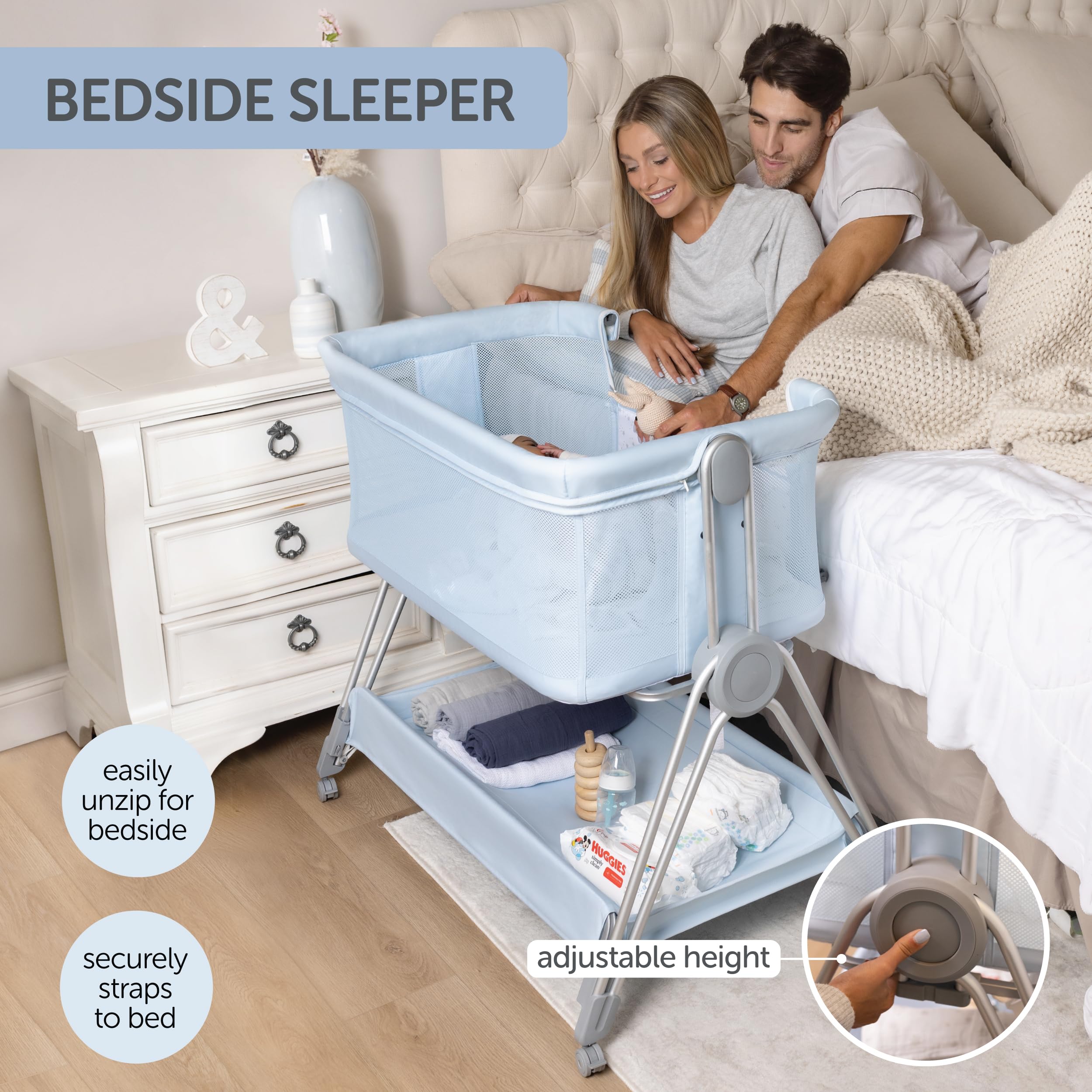 Adjustable Height Baby Bedside Sleeper & Bassinet with Wheels - Portable Foldable Crib Attaches to Parents Bed - Safe Co-Sleeping Solution for Newborns & Infants (Blue) - Perfect for Nursery, Bedroom & Travel Use