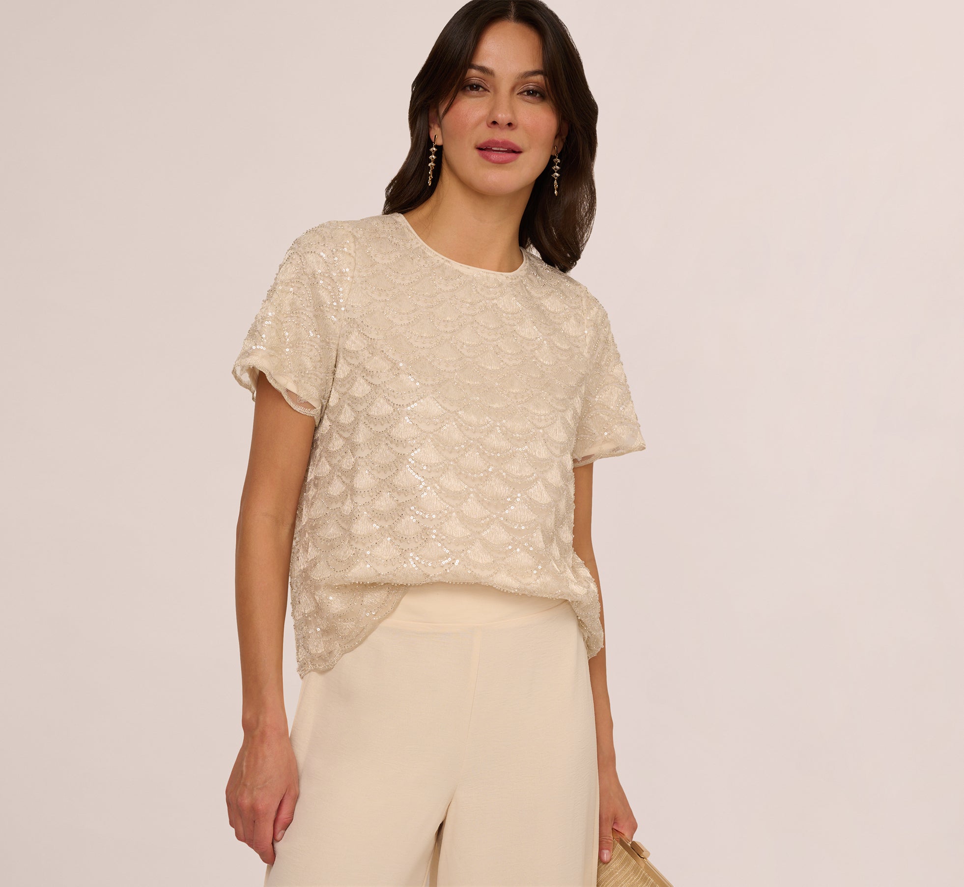 Elegant Short Sleeve Sequin Overlay Top in Pale Taupe | Women's Party Wear & Evening Blouse for Special Occasions