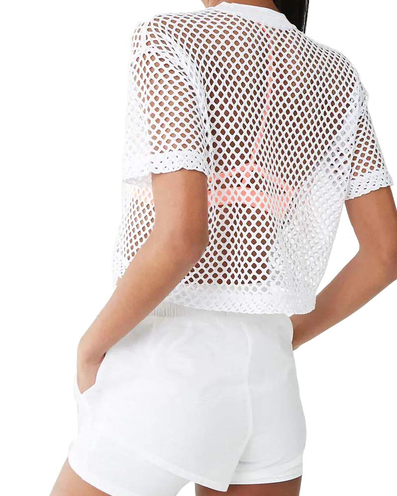 CLOZOZ Women's See-Through Mesh Fishnet Crop Top T-Shirt - Sexy Summer Beach Cover Up, Festival Outfit & Nightclub Wear