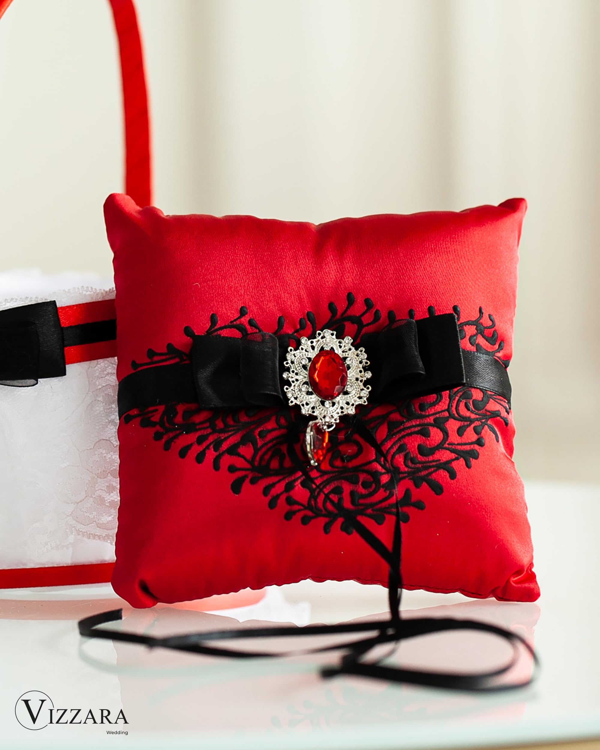 Red and Black Wedding Ring Bearer Pillow - Elegant Ring Holder for Ceremonies, Bridal Accessories, and Wedding Decor - Perfect for Traditional and Modern Weddings