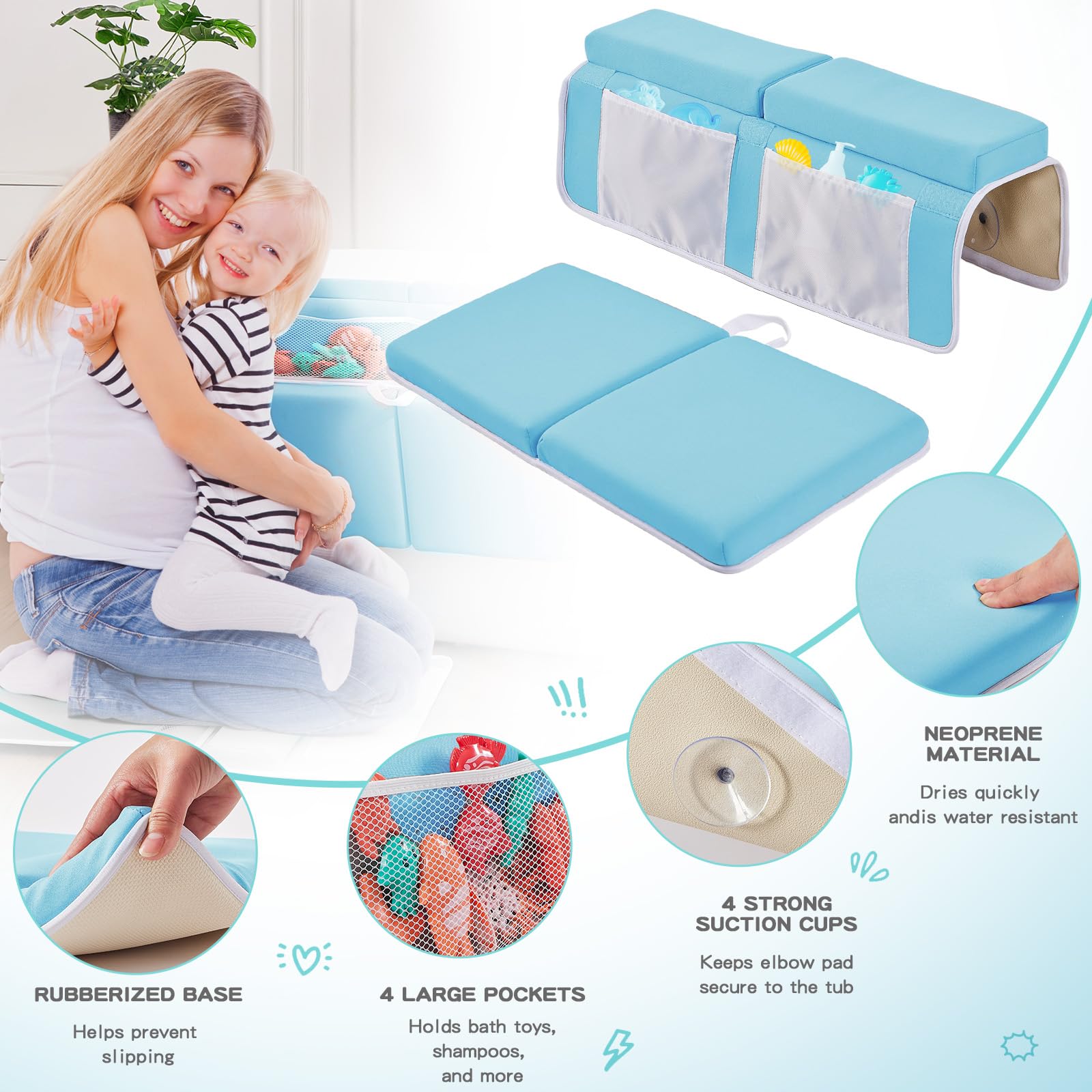 **ILPEOD Baby Bath Kneeler & Elbow Rest Pad Set – Thick Soft Memory Foam, Quick-Dry Bathtub Mat for Safe Baby Bathing | Non-Slip, Waterproof & Toy Organizer | Perfect Baby Shower Gift for Parents (Blue)**    *Ideal for stress-free bath time, nursery safety, and keeping baby essentials organized.*