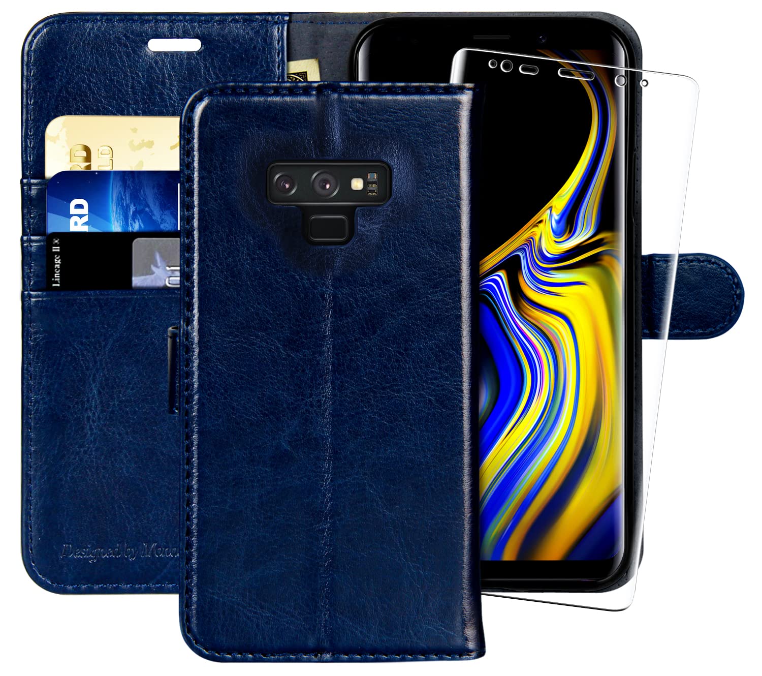 MONASAY Galaxy Note 9 Wallet Case with RFID Blocking & Screen Protector - 6.4 Inch Flip Folio Leather Phone Cover with Credit Card Slots for Samsung Galaxy Note 9 (Blue) - Perfect for Business Travel & Everyday Protection