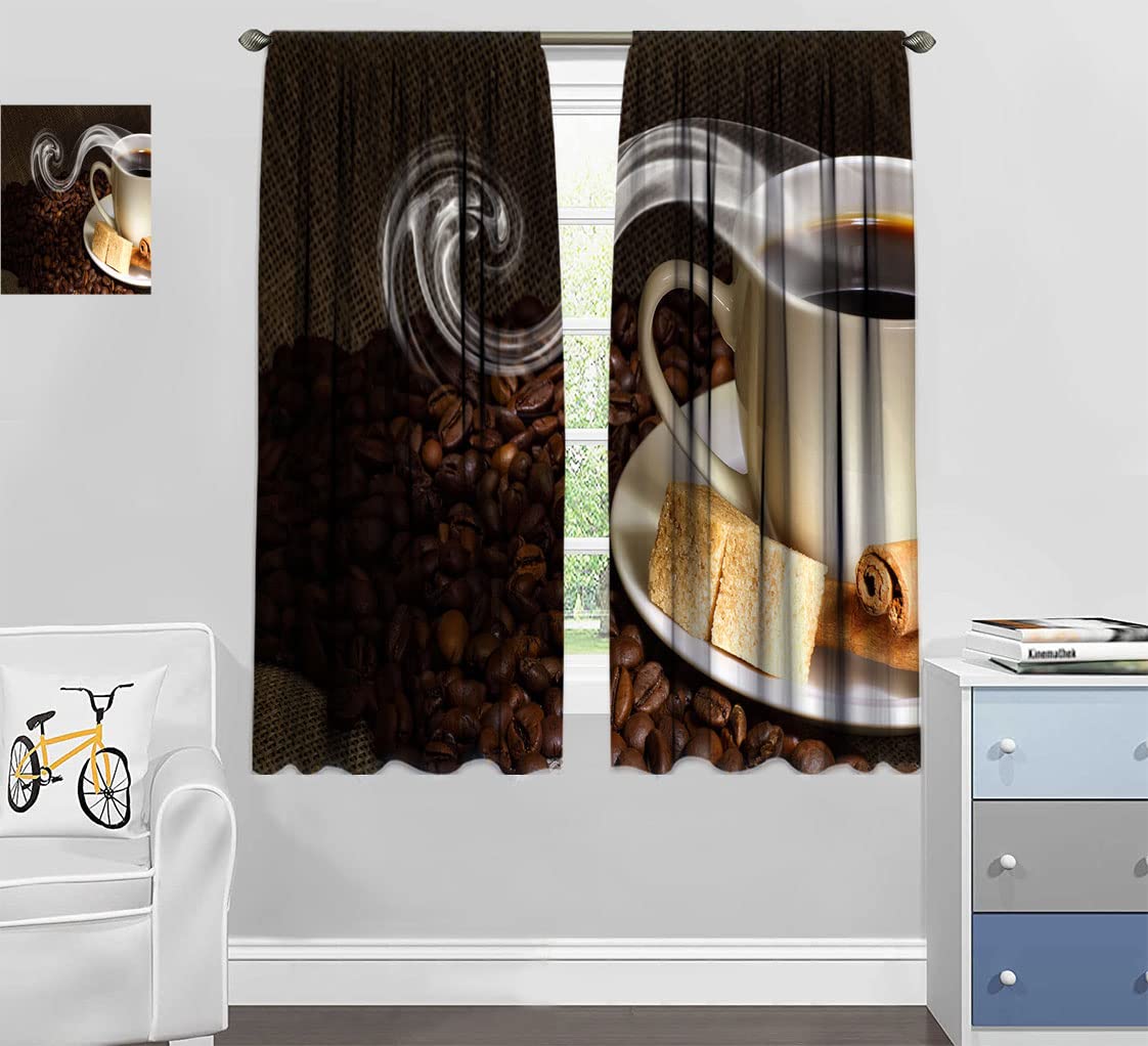 Coffee Blackout Curtain - Coffee Beans & Cinnamon Print for Kitchen & Office Decor