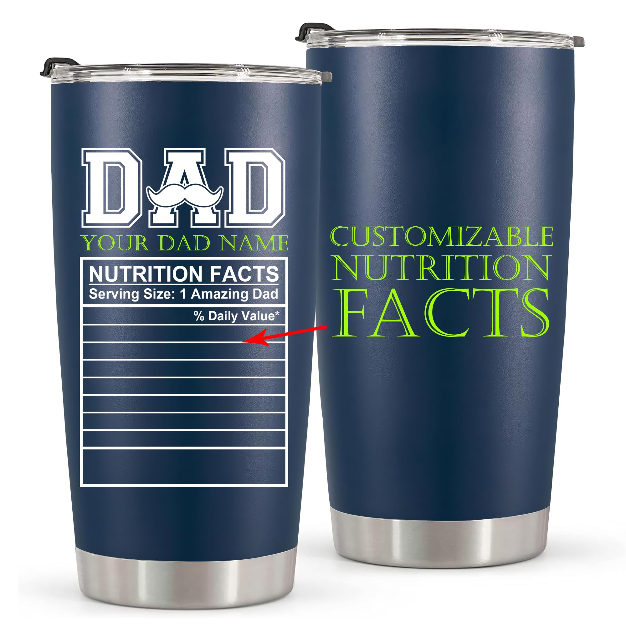 Custom Stainless Steel Tumbler 20oz - Personalized Father's Day & Birthday Gift for Dad from Daughter or Son - Engraved Nutrition Facts - Ideal for Office, Travel & Outdoor Activities