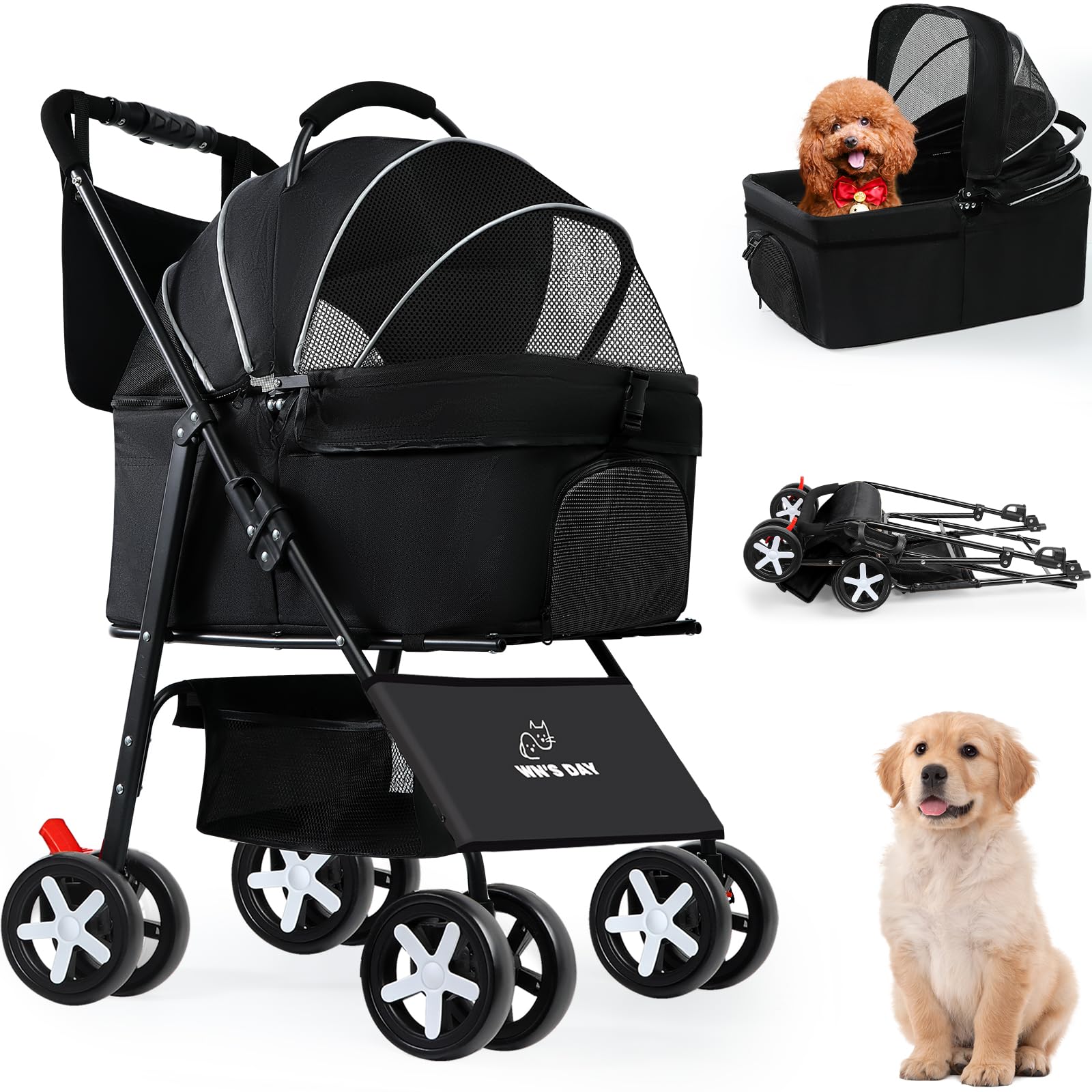 3 in 1 Foldable Pet Stroller for Small & Medium Dogs & Cats (10-50 lbs) - Removable Carrier, Storage Bag & Wheels - Perfect for Vet Visits, Shopping & Outdoor Adventures (Black)