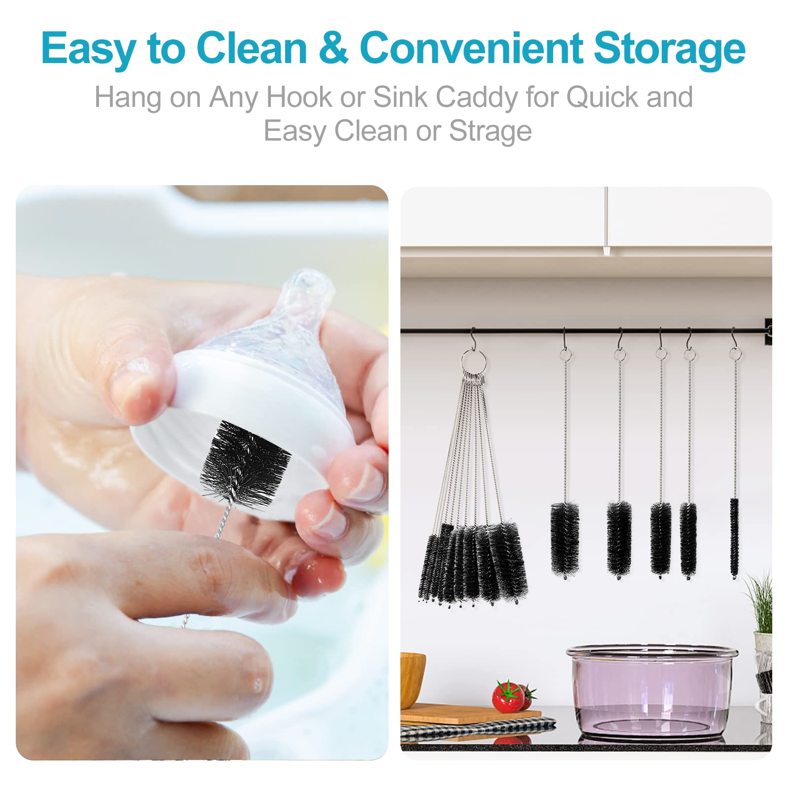 8 Inch Straw Cleaner Brush Set - 11pcs Nylon Bottle & Tube Cleaning Brushes with Allen Wrench - Perfect for Narrow Neck Bottles, Water Bottles, Straws, Baby Bottles & Reusable Drinkware - Black Cleaning Brush Kit