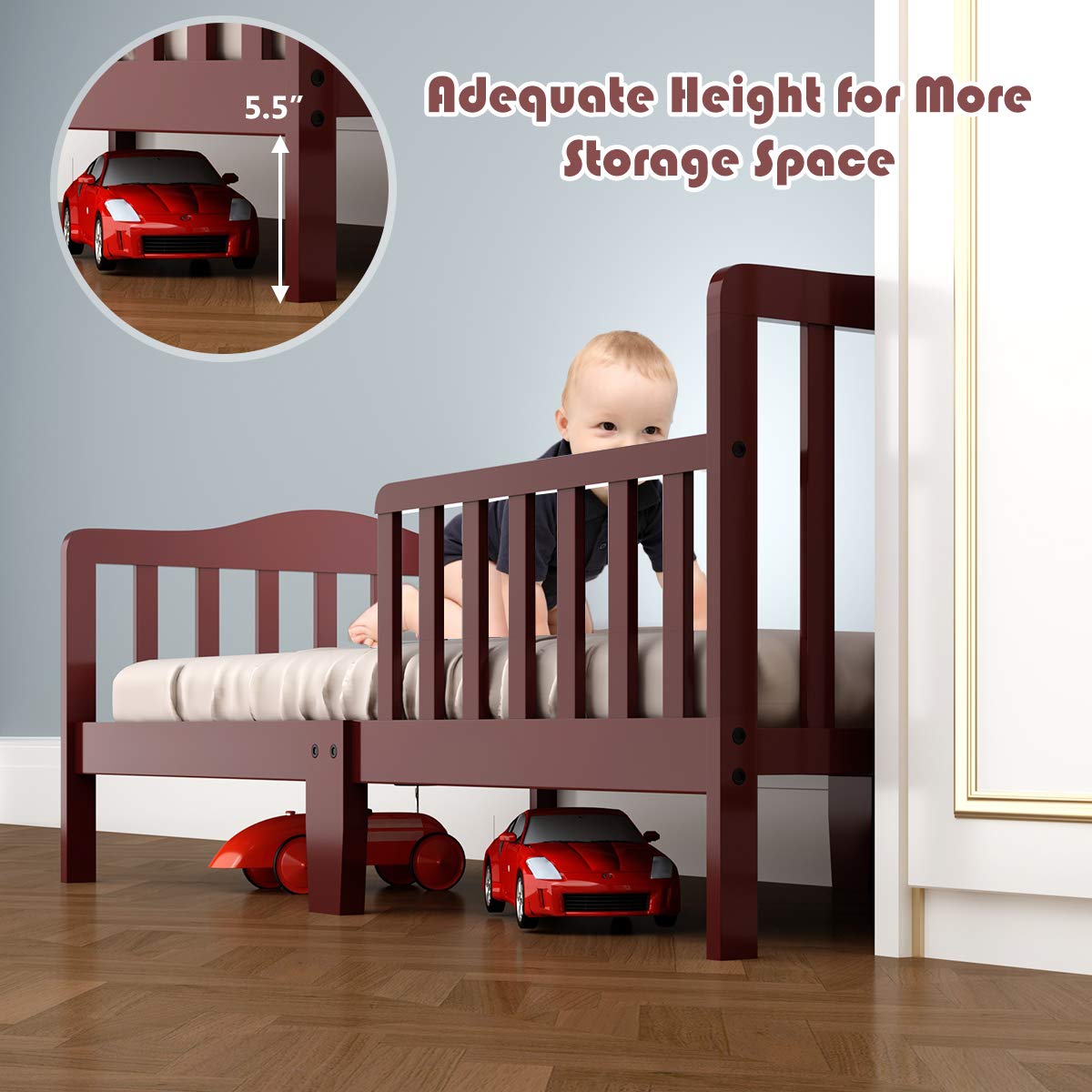 **HONEY JOY Toddler Bed Frame - Solid Rubber Wood with Safety Guardrail, Fits Full Size Crib Mattress (Not Included) - Classic Kids Bedroom Furniture for Boys & Girls (Brown) - Perfect for Nursery, Daycare, or Children's Bedroom**