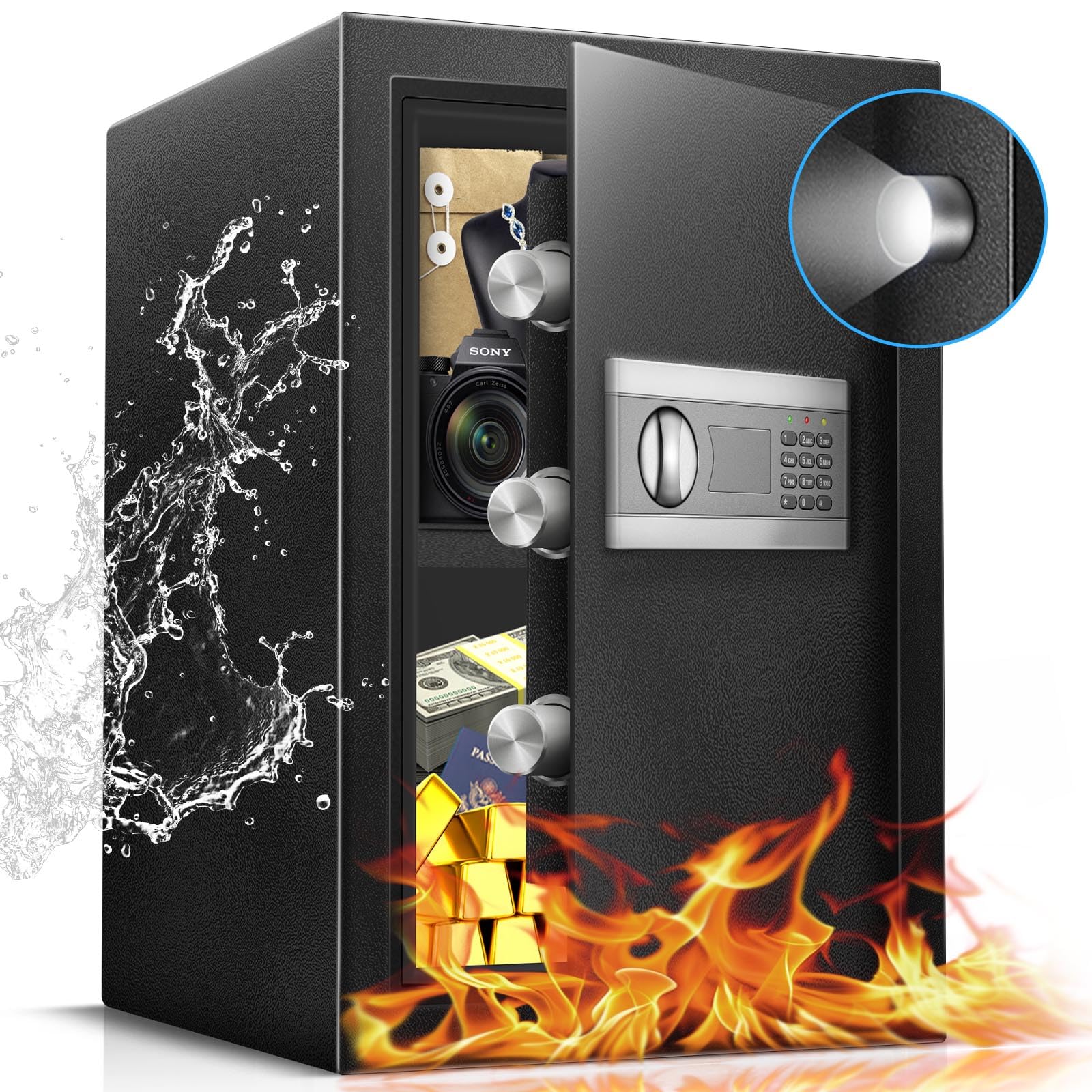 2.5 Cu Ft Fireproof Home Safe Box - Digital Security Safe with Adjustable Shelves, Smart Alarm System, Silent Keypad & Motion Sensor Lights - Ideal for Home, Office, Dormitory & Hotel Use - Protect Jewelry, Documents & Valuables