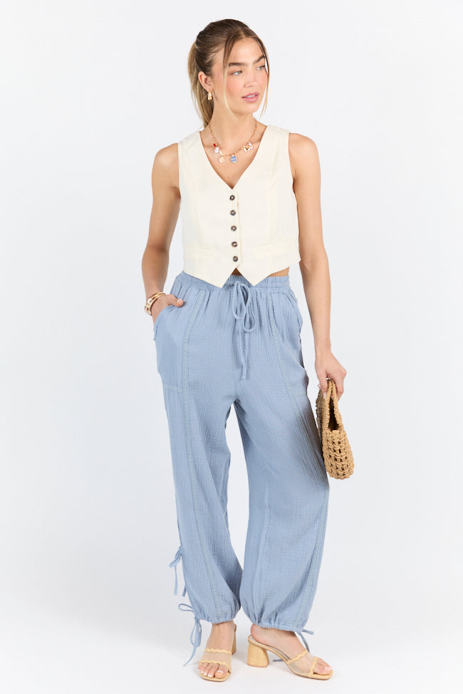 Sky High Blue Gauze Harem Pull On Pants - Comfortable Loose Fit Yoga Pants for Women - Perfect for Yoga, Meditation, and Lounge Wear