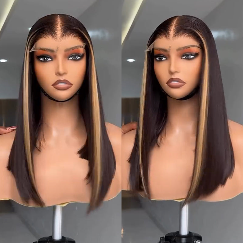 Eullair Honey Blonde Skunk Stripe Straight Human Hair Lace Frontal Wig - Medium Length 18-24 Inch Glueless Lace Wigs for Women | Perfect for Daily Wear, Cosplay & Special Occasions