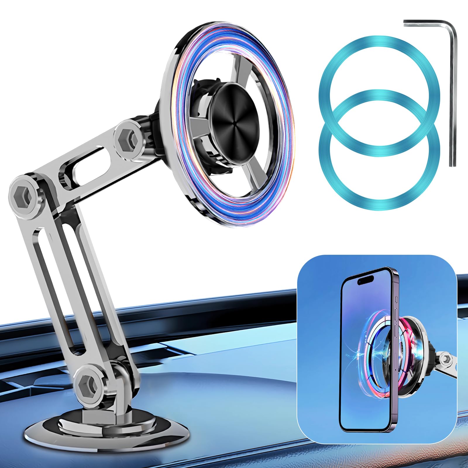 Jemey Universal 360° Pro Magnetic Car Phone Holder - 2025 New Hands-Free Auto Mount with Metal Ring, Adjustable Phone Stand for iPhone, Samsung, All Smartphones - Perfect for Driving, GPS Navigation & Road Trips