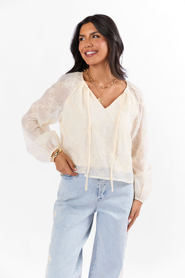 Face The Music Cream Embroidered Blouse for Women - Elegant Casual Top with Floral Embroidery | Perfect for Office Wear, Date Night & Spring Outfits
