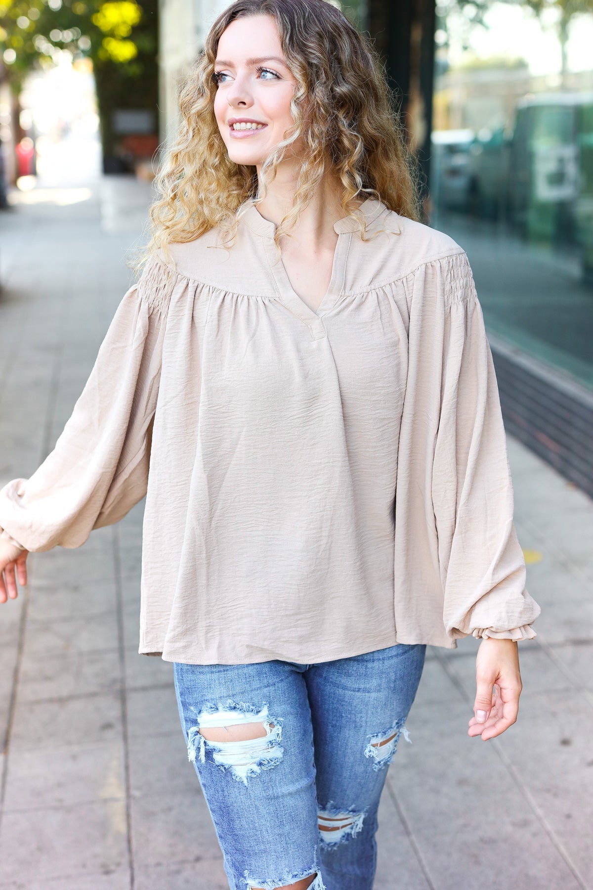 Boho Chic Taupe Smocked Bubble Sleeve Blouse with Notched Neckline - Perfect for Summer Festivals & Beach Vacations