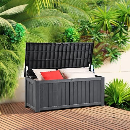 YITAHOME 120 Gallon Outdoor Storage Deck Box - Large Waterproof Resin Patio Storage Container for Garden Tools, Pool Supplies & Outdoor Pillows - Lockable Deck Box in Dark Grey - Perfect for Backyard, Patio & Poolside Organization