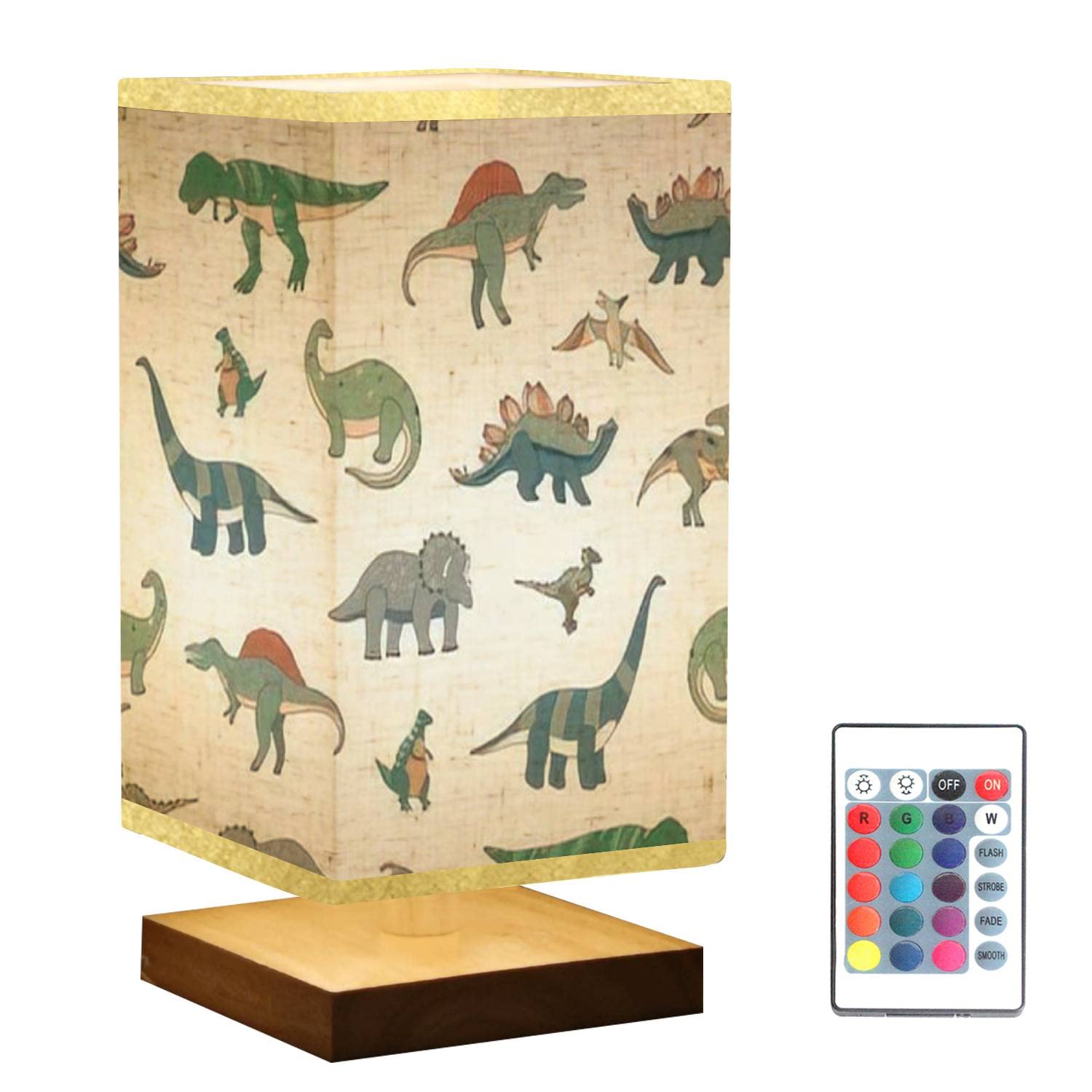 Dimmable Square Bedside Table Lamp with Dinosaur Cartoon Design - Wooden Base & Flaxen Fabric Shade for Bedroom, Living Room, Nursery | Perfect Nightstand Lamp for Kids' Room, Reading Nook & Cozy Spaces