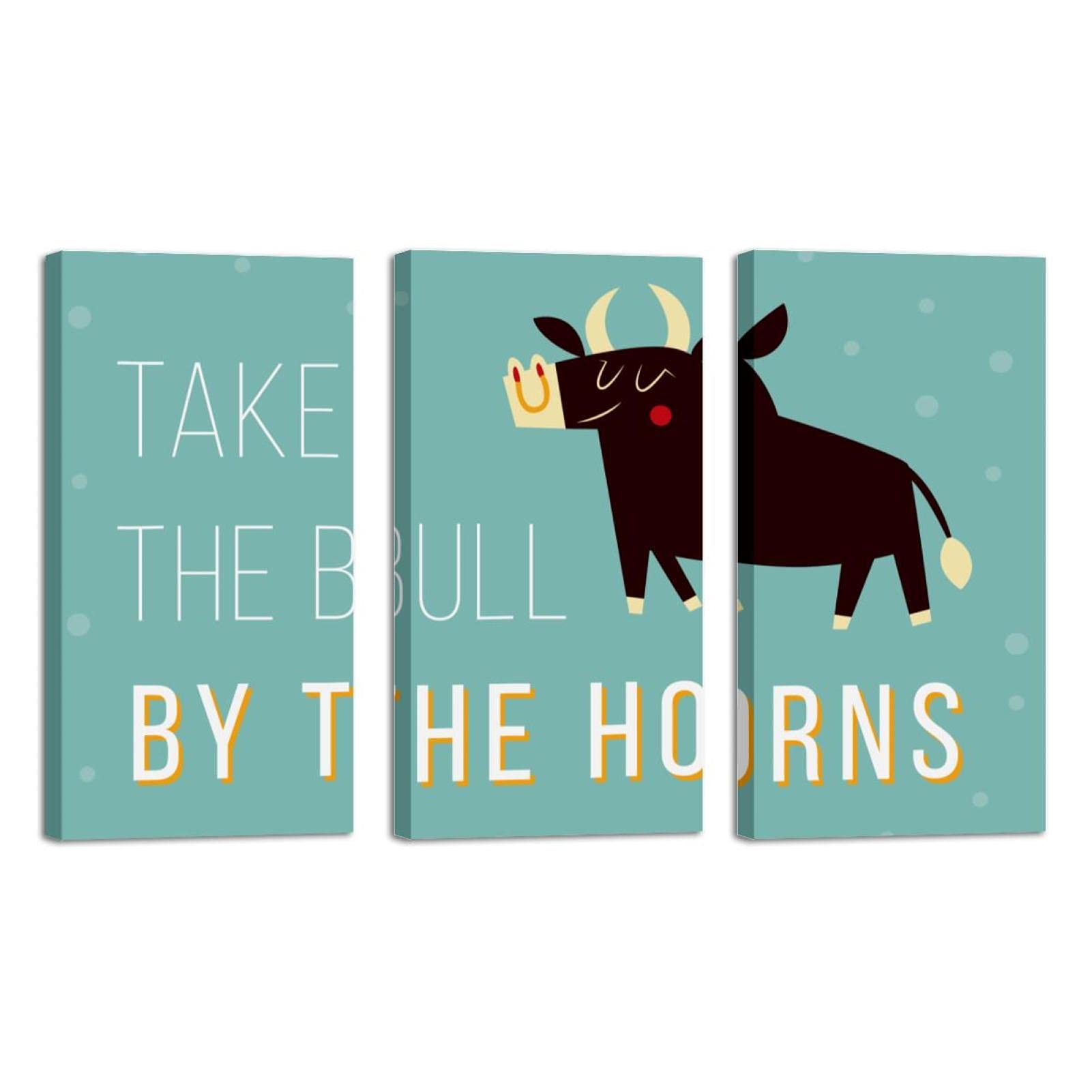 Funny Take The Bull by The Horns Oil Painting Wall Art - 16x32 Inch 3-Panel Canvas Print with Frame for Living Room, Bedroom & Office Decor | Modern Home & Gift Idea