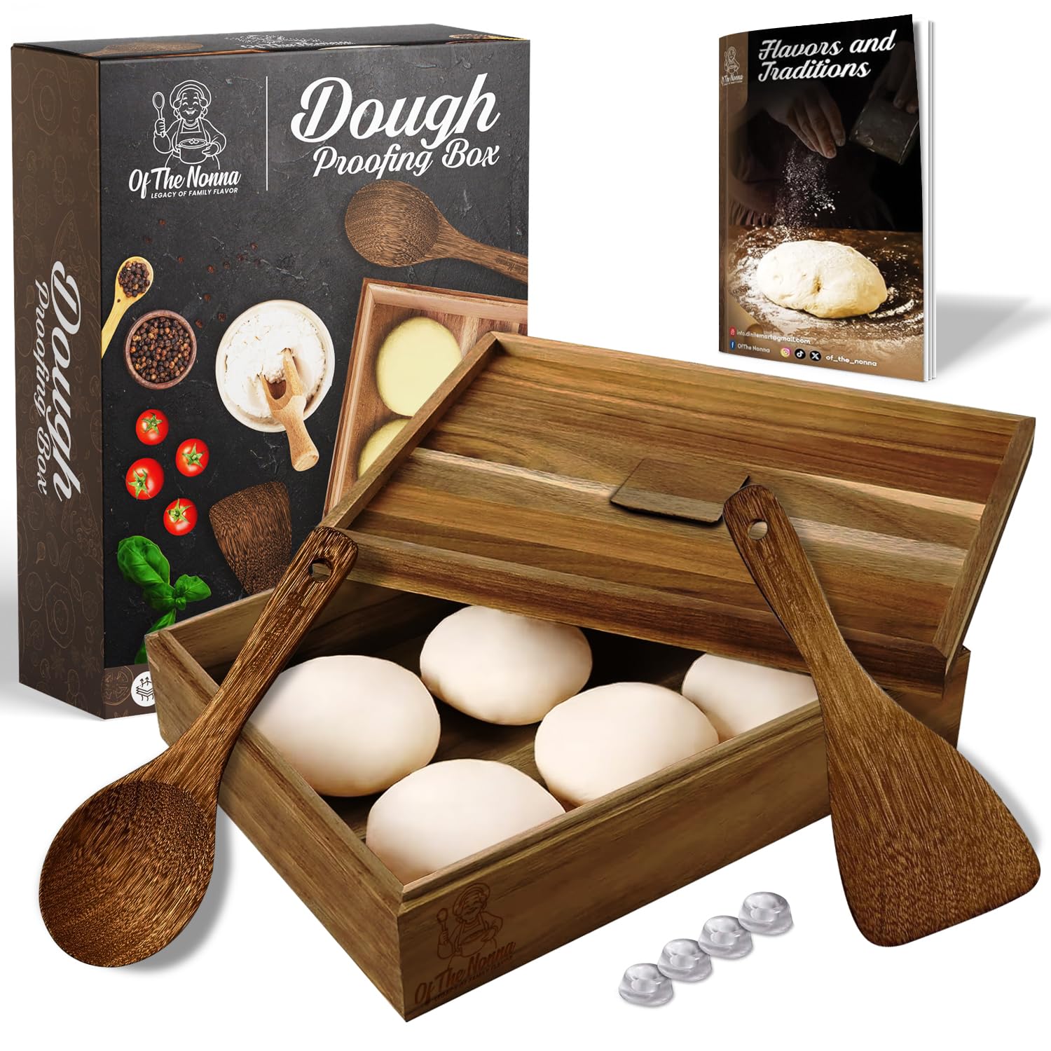Natural Acacia Wood Pizza Dough Proofing Box with Pizza Sauce Spoon, Dough Spatula & Recipe Book - Ideal for Home Baking, Artisan Pizza Making & Italian Cooking