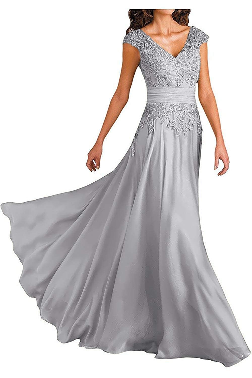 Elegant Short Sleeve Lace V-Neck Chiffon Mother of The Bride Dress - Formal Wedding Guest Evening Gown for Special Occasions & Parties | Perfect for Weddings, Galas, and Black Tie Events