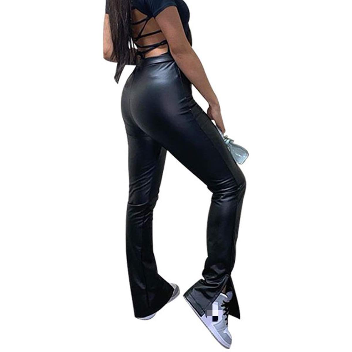 Sexy Faux Leather Pants for Women - High Waisted PU Leather Leggings with Thigh Split, Stretchy Black Trousers - Perfect for Night Out, Club Wear & Fashion Outfits