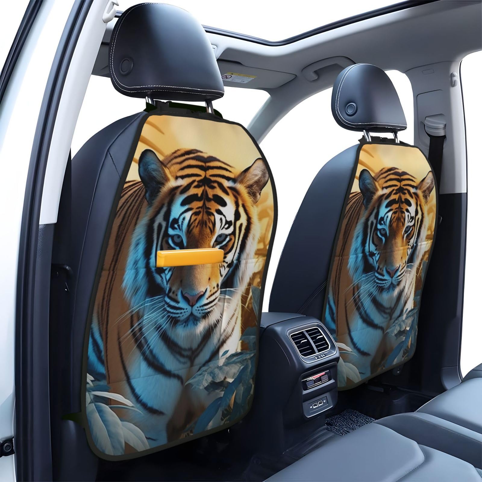 VTCTOASY 2 Pack Extra Large Waterproof Car Back Seat Protector with 3 Storage Pockets - Durable Kick Mat for Trucks & SUVs - African Wildlife Tiger Design - Perfect for Family Road Trips & Pet Protection