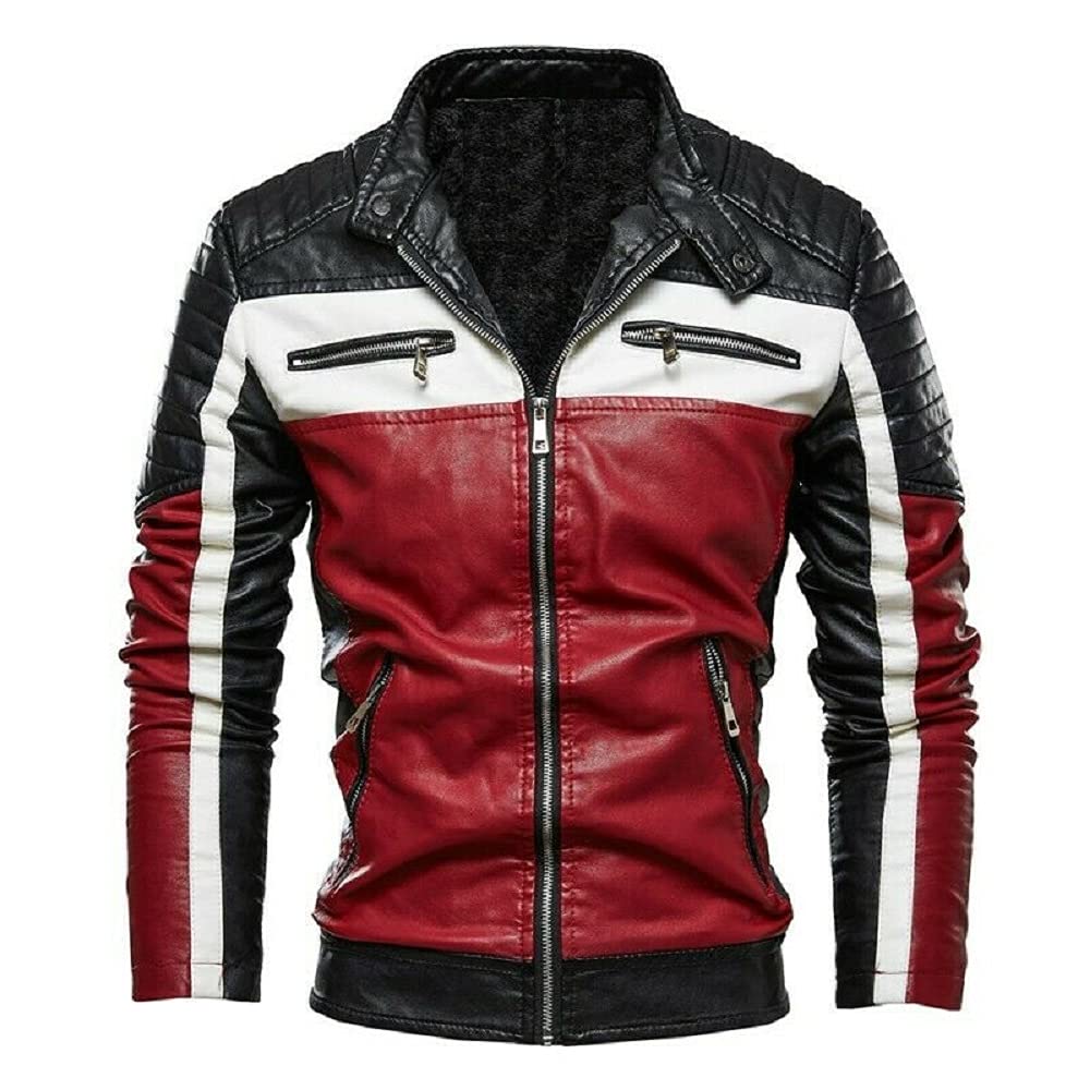 HiFacon Men's Winter Motorcycle Leather Jacket - Fleece Lined, Slim Fit Stand Collar Biker Jacket for Cold Weather Riding & Outdoor Adventures