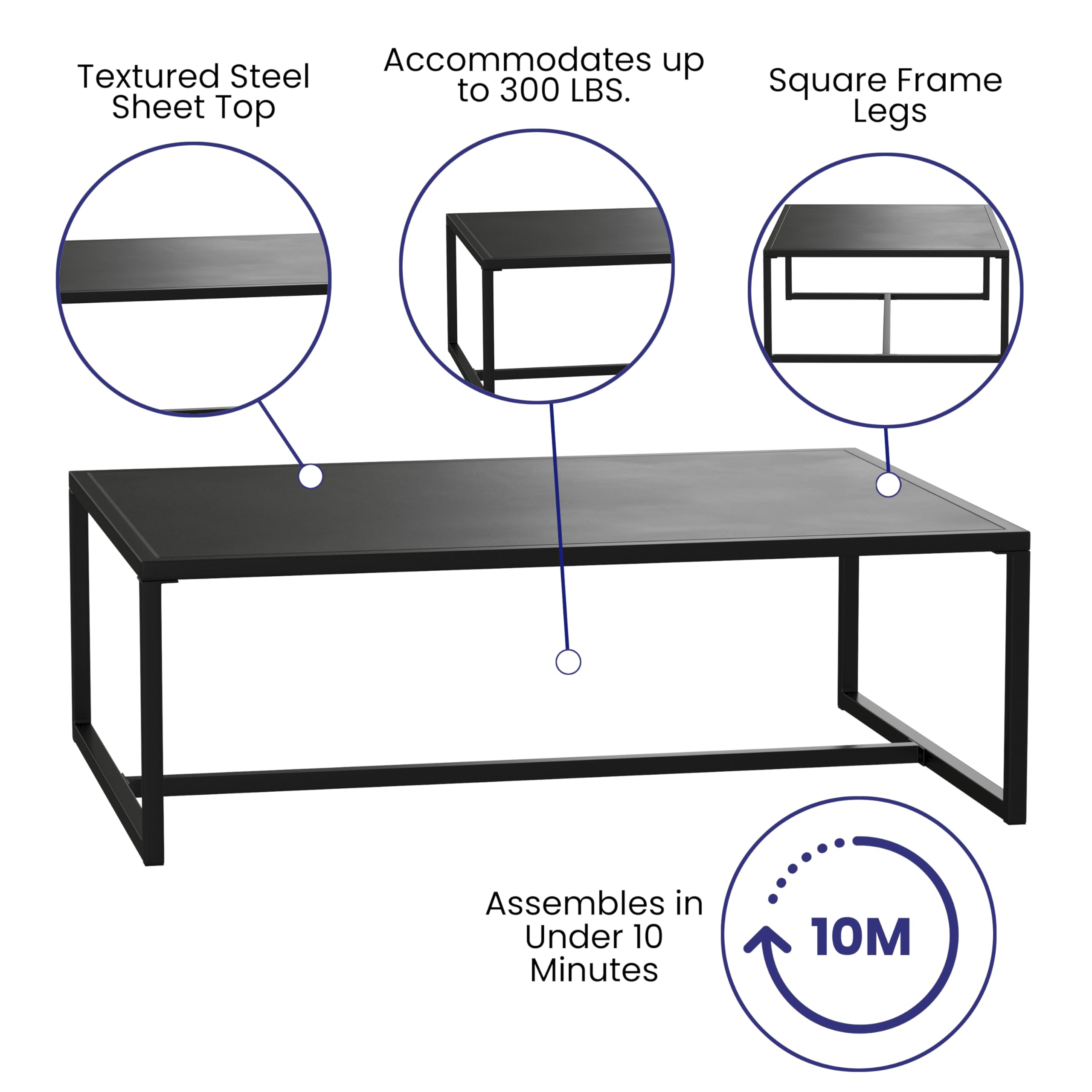 Black Steel Metal Coffee Table - Indoor & Outdoor Square Leg Modern Design for Living Room, Patio, or Office Use - Durable & Stylish Home Furniture