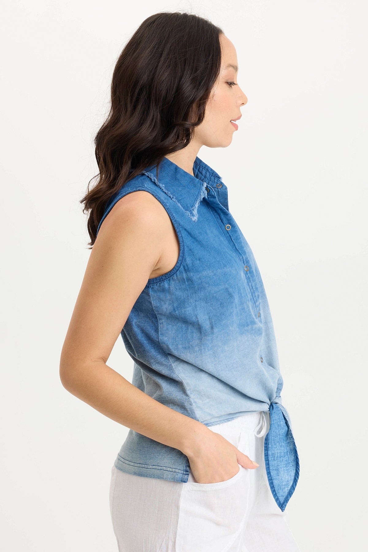 Tague Indigo Twill Knotted High-Low Snap Up Tank Top for Women - Casual Summer Outfit, Beachwear & Layering Staple