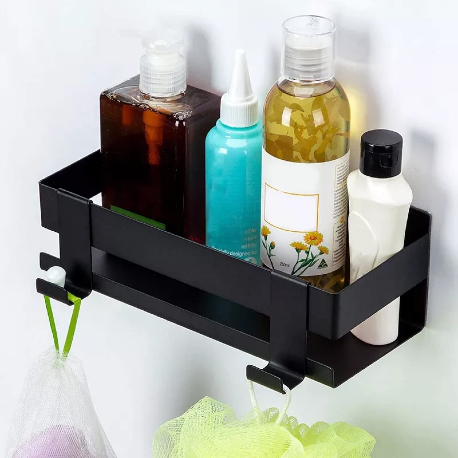 Black 22Cm Self-Adhesive No-Drill Shower Shelf with Hooks - Waterproof Bathroom Storage Organizer for Shampoo, Soap & Towels - Perfect for Small Spaces & Rental Homes