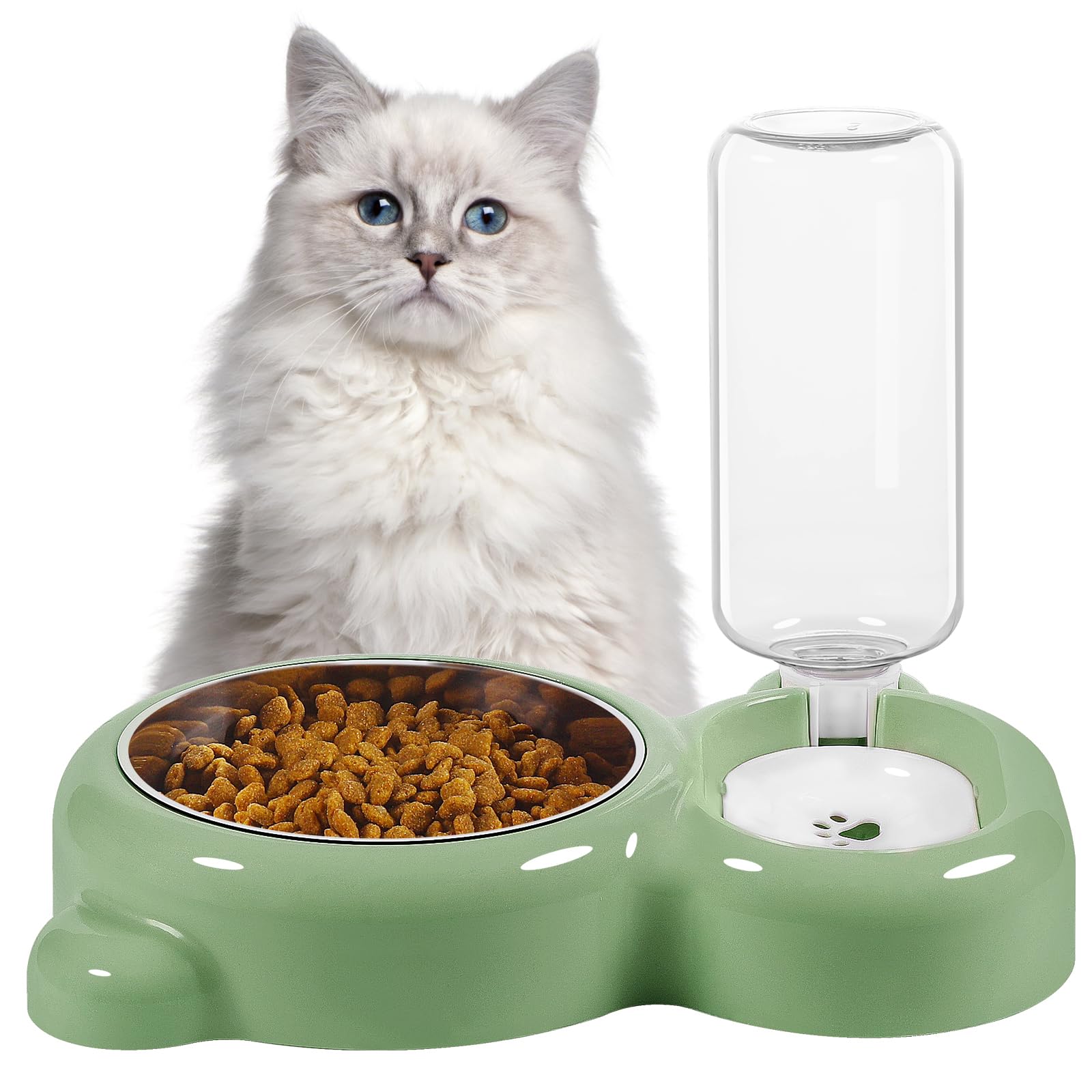 Stainless Steel Cat & Dog Bowls Set with Water Dispenser - Non-Slip Pet Food & Water Dishes for Small Dogs & Cats - Perfect for Home, Travel & Outdoor Use (Green)