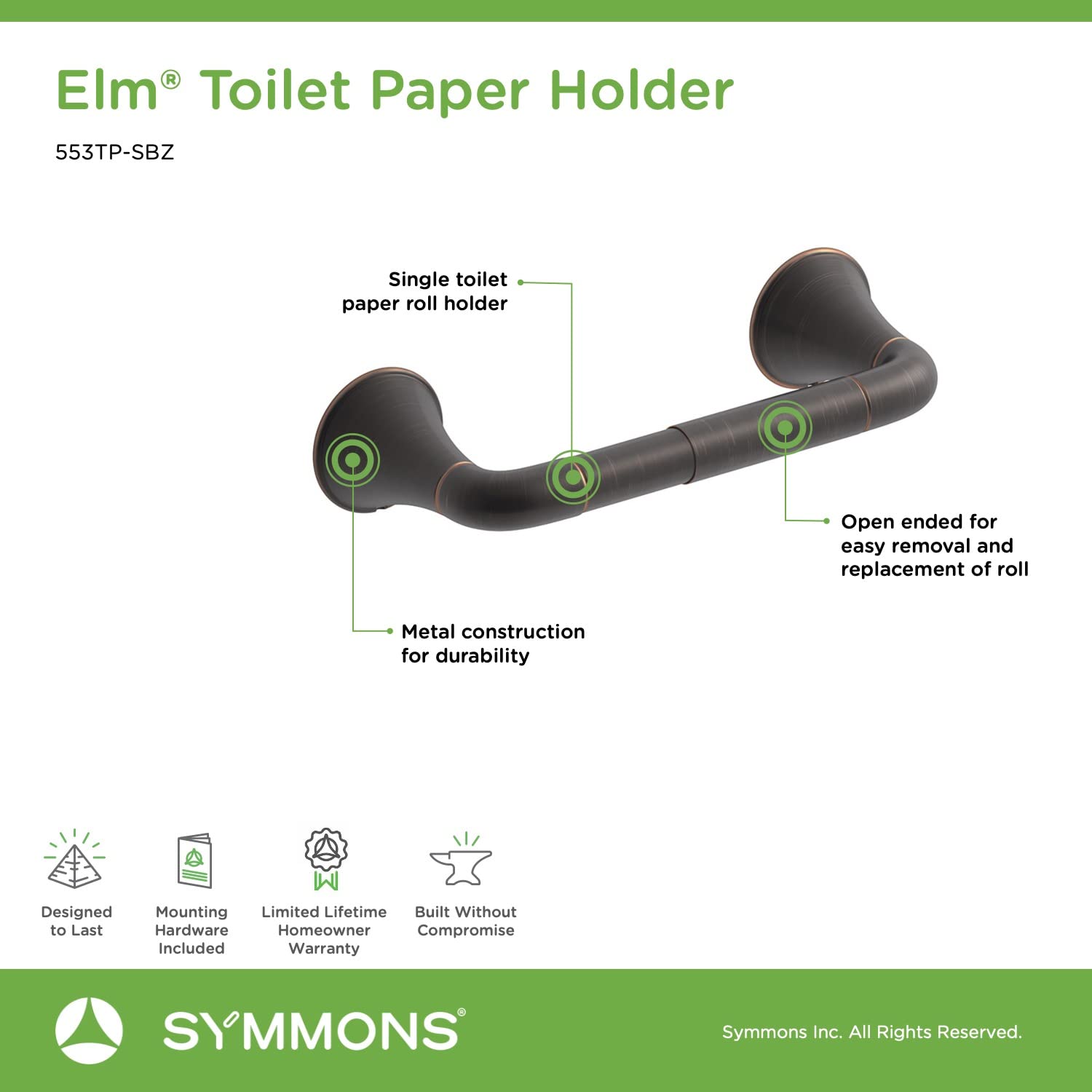 Symmons 553TP-SBZ Elm Wall-Mounted Toilet Paper Holder in Seasoned Bronze - Durable Bathroom Tissue Dispenser for Home & Commercial Use