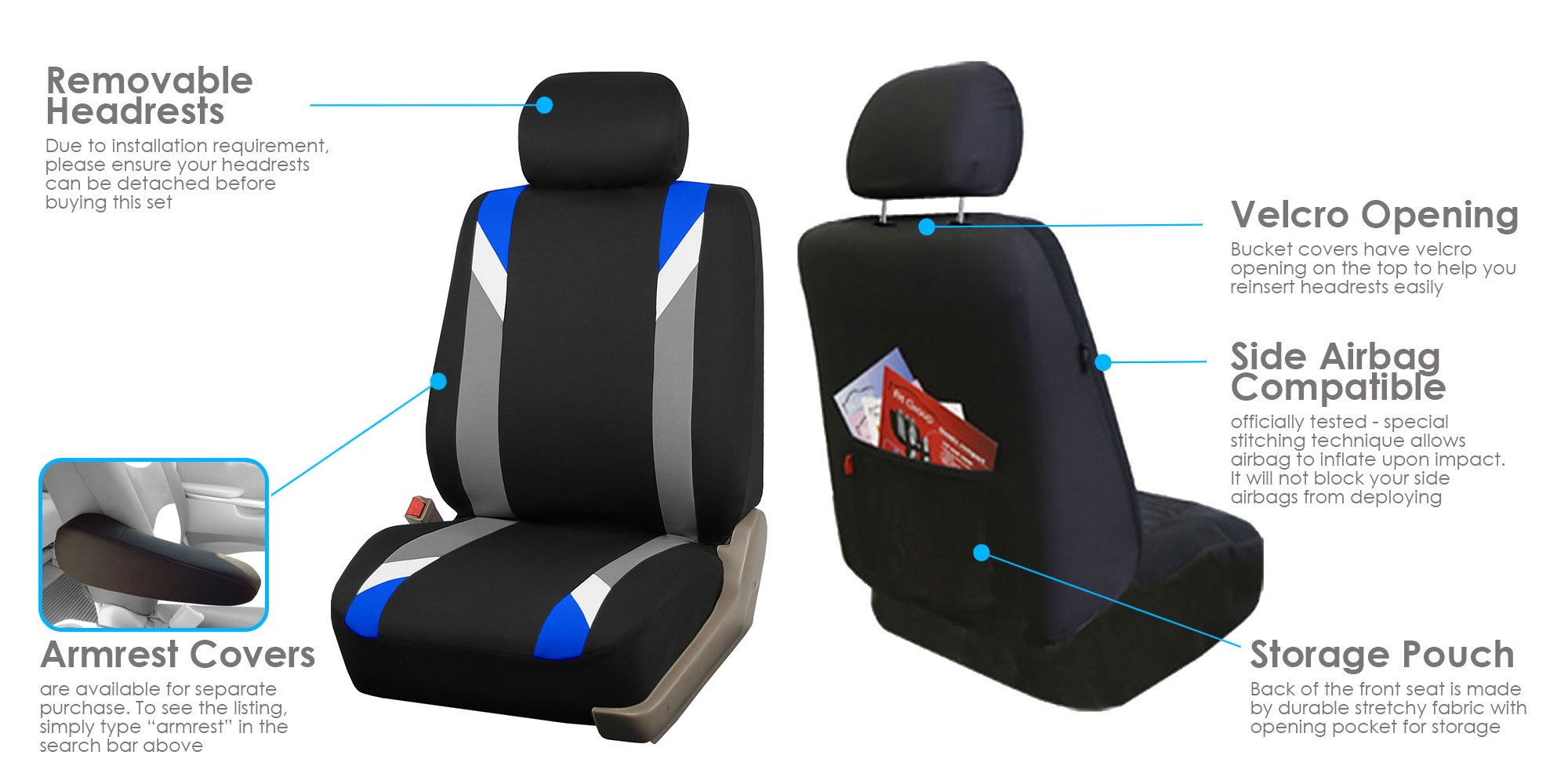 Premium Universal Fit Car Seat Covers Full Set - Blue & Black Modern Design | Airbag Compatible Split Rear Seat Covers for Cars, Trucks & SUVs | Perfect for Road Trips, Daily Commutes & Protecting Your Vehicle Interior