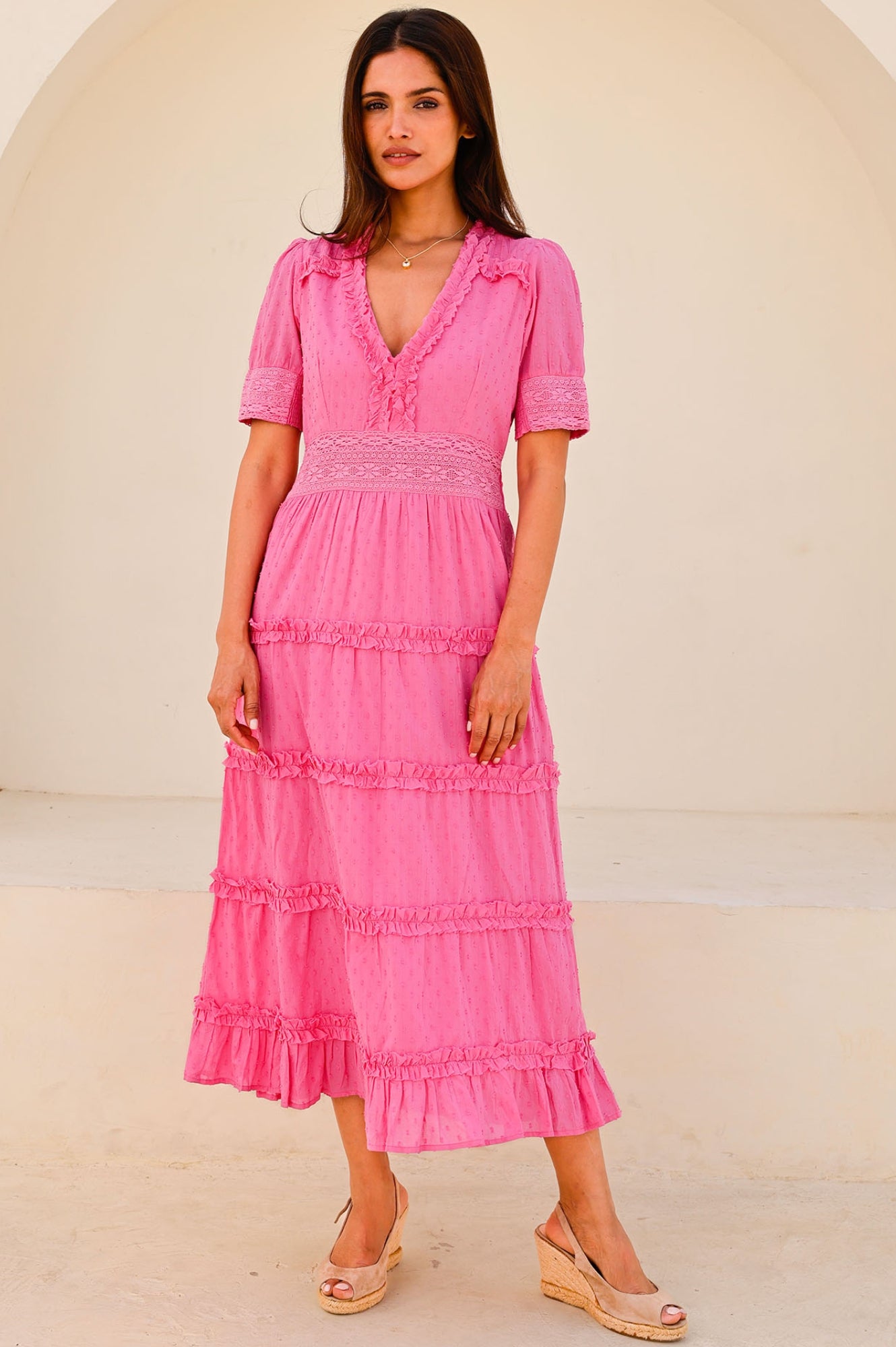 Organic Cotton Viola Short Sleeve Dobby Dress - Bright Pink | Casual Summer Outfit, Beach Cover-Up, Boho Chic Style