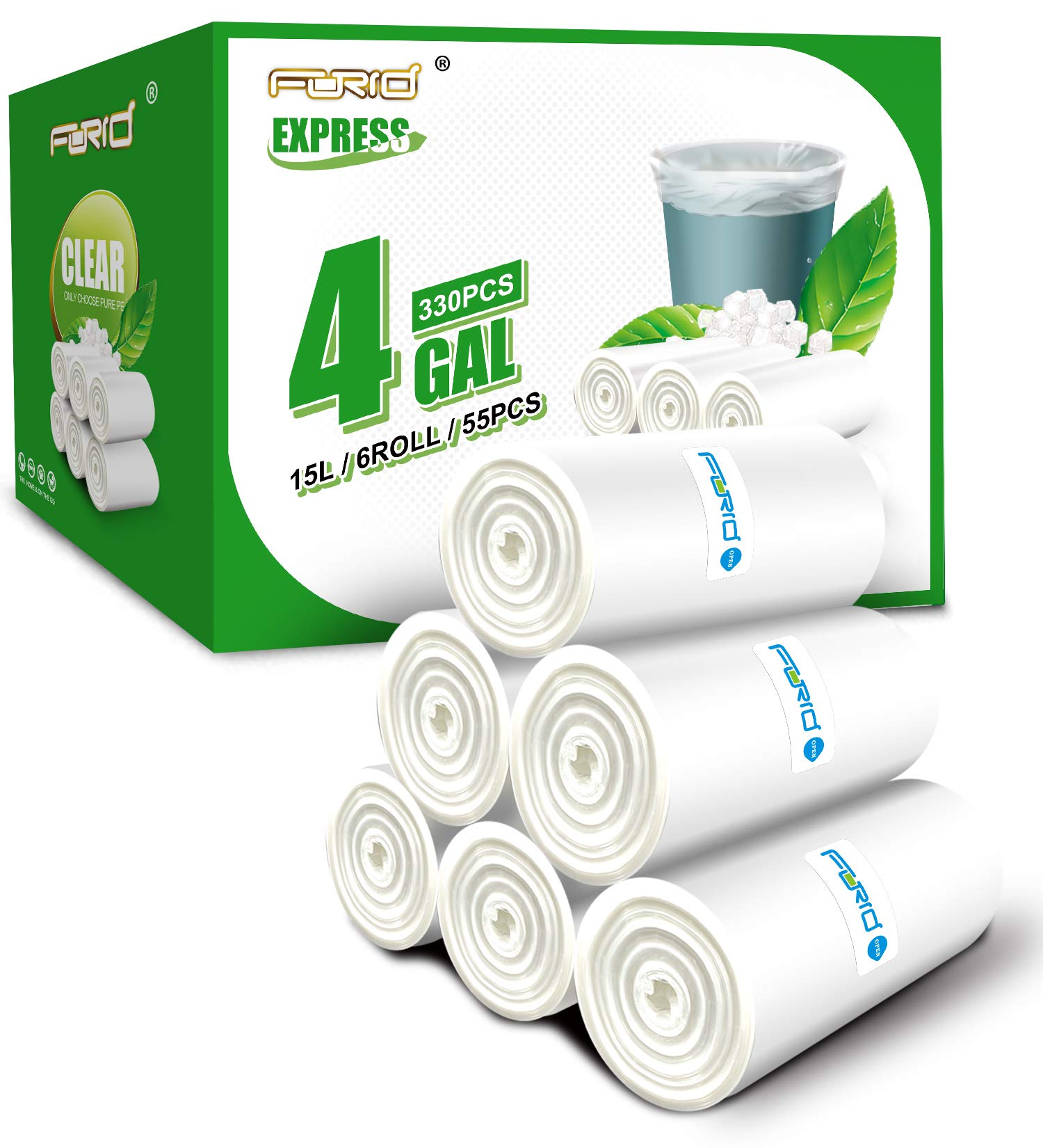 Clear Small Trash Bags - 4 Gallon/15L Durable Thick Plastic Wastebasket Liners (330 Count) for Bathroom, Bedroom, Office & Kitchen | Perfect for Small Trash Cans, Diaper Pails & Recycling Bins