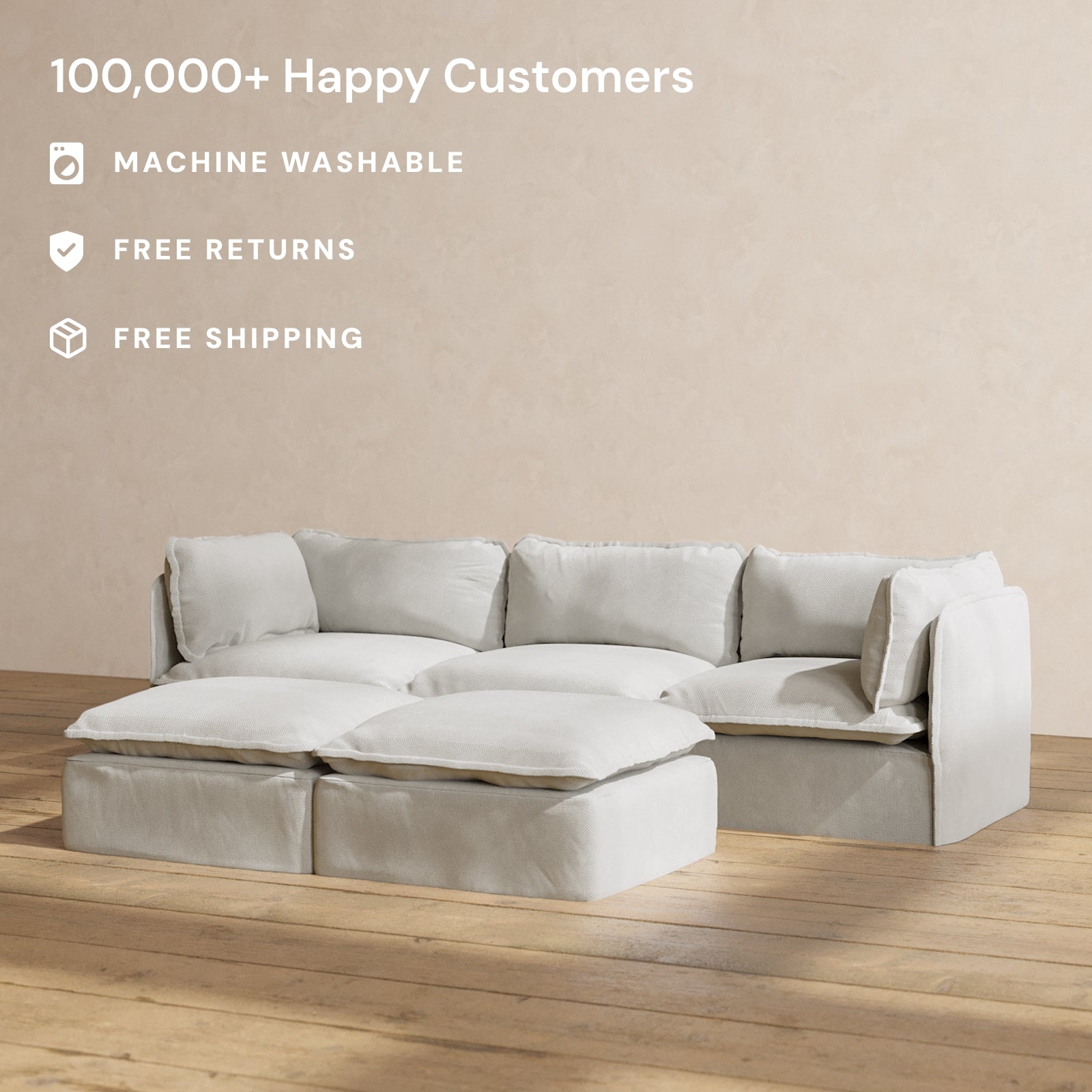 Modular Performance 3-Seater Sofa with Bench Ottoman in Cloud Color | Relaxed Blend Fabric | Perfect for Living Room, Lounge & Home Theater