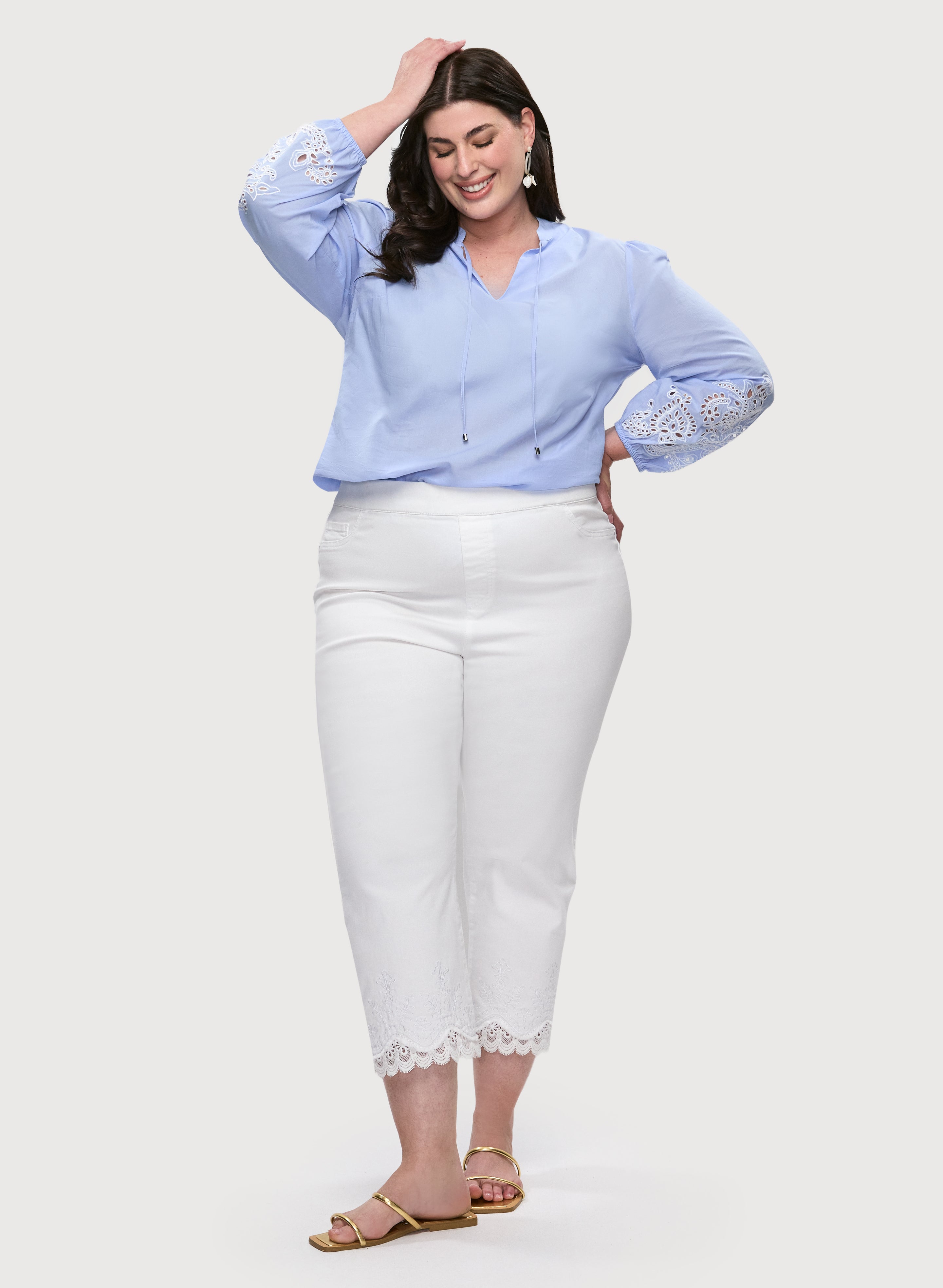 Embroidered Bouffant Sleeve Blouse with Lace Hem Denim Capris Set - Women's Elegant Summer Outfit for Casual Wear & Date Night