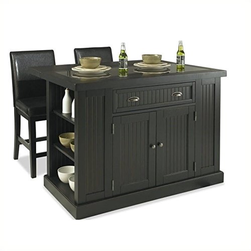 BOWERY HILL Distressed Black Kitchen Island with 2 Matching Stools - Perfect for Farmhouse Style Dining & Small Space Kitchen Organization