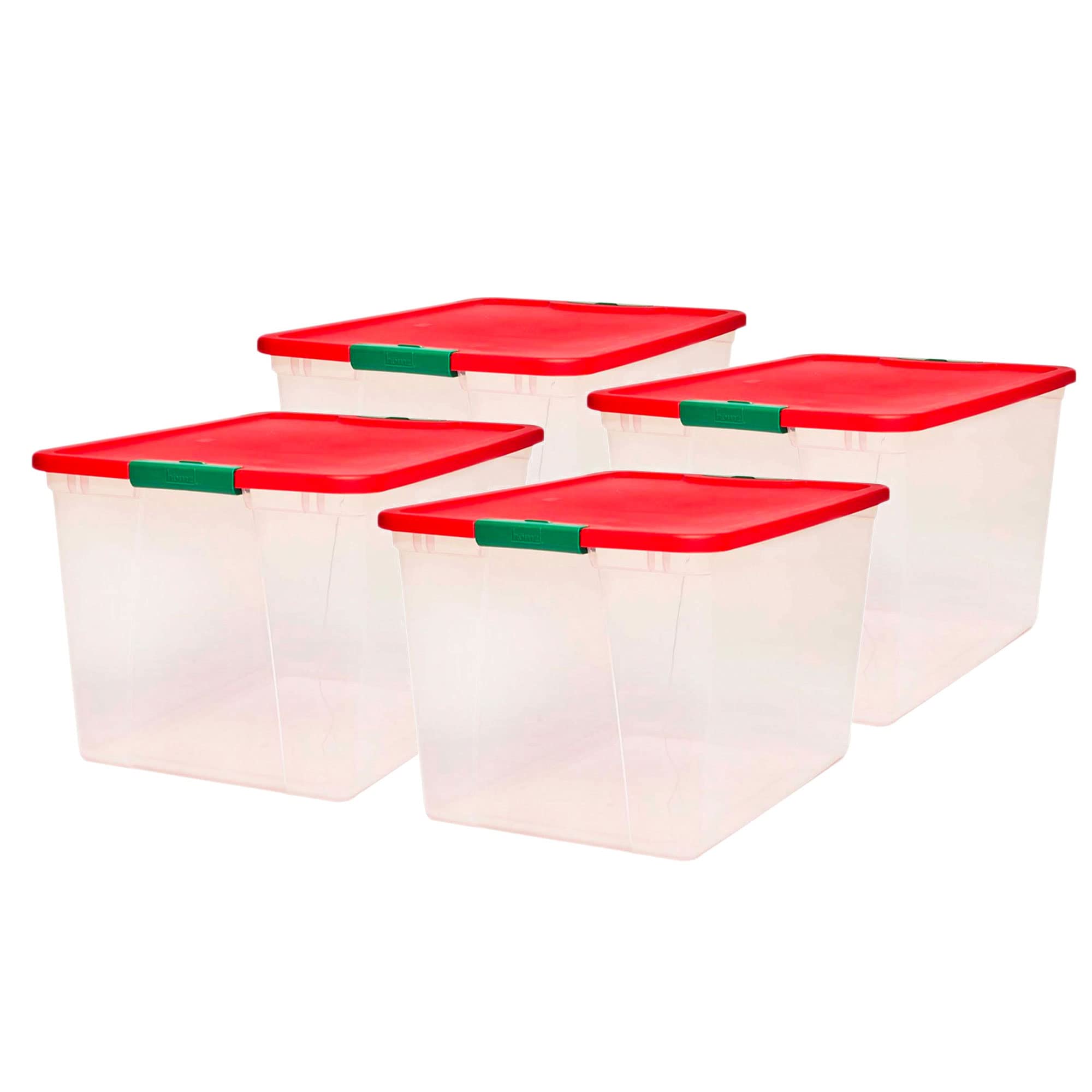 HOMZ 4-Pack 64 Quart Clear Plastic Storage Bins with Secure Red Lids - Stackable Organizer Containers for Home, Office, Garage & Closet Organization