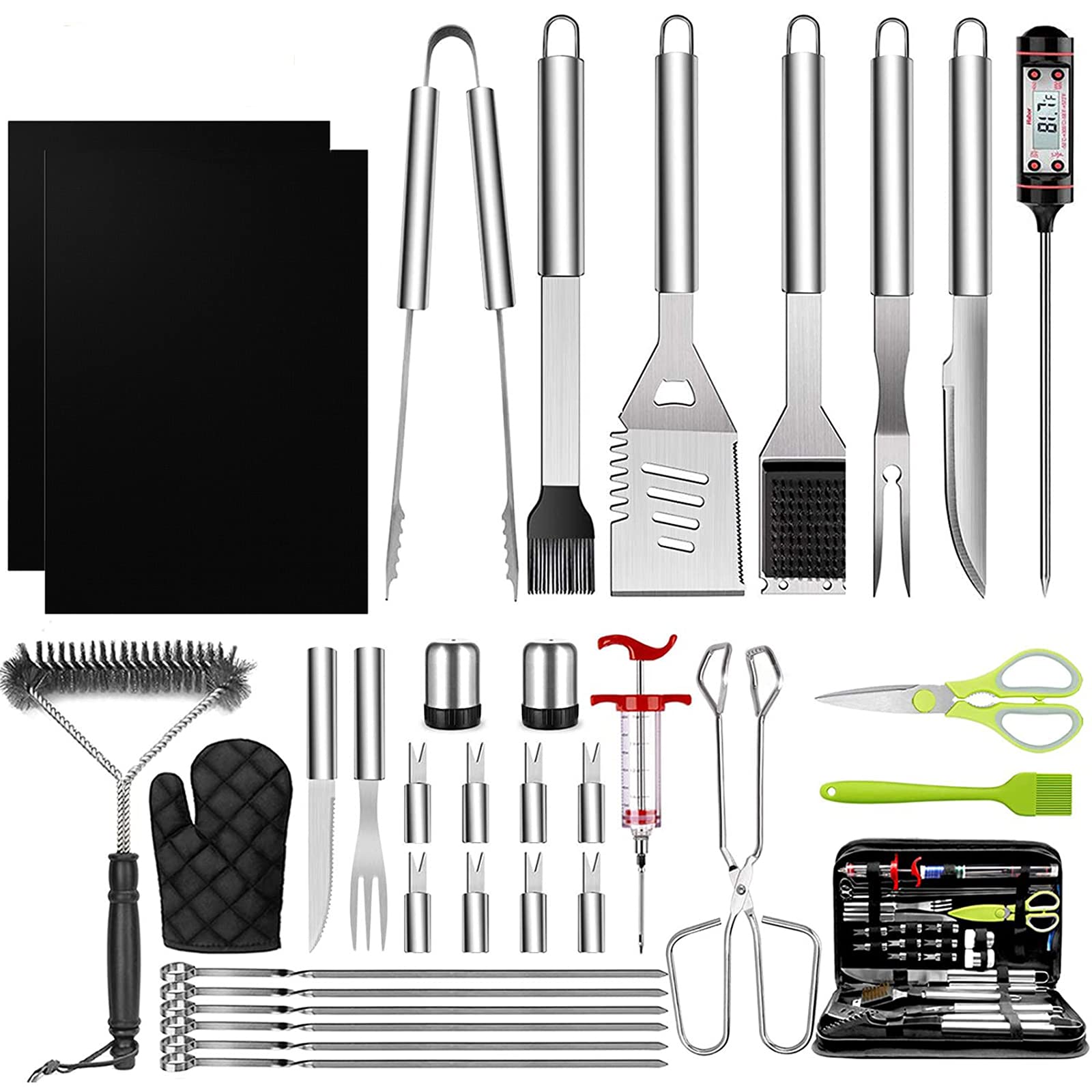 33-Piece Stainless Steel BBQ Grill Tools Set - Heavy Duty BBQ Accessories Kit for Outdoor Grilling, Picnics & Backyard Parties | Includes Tongs, Spatula, Fork & More