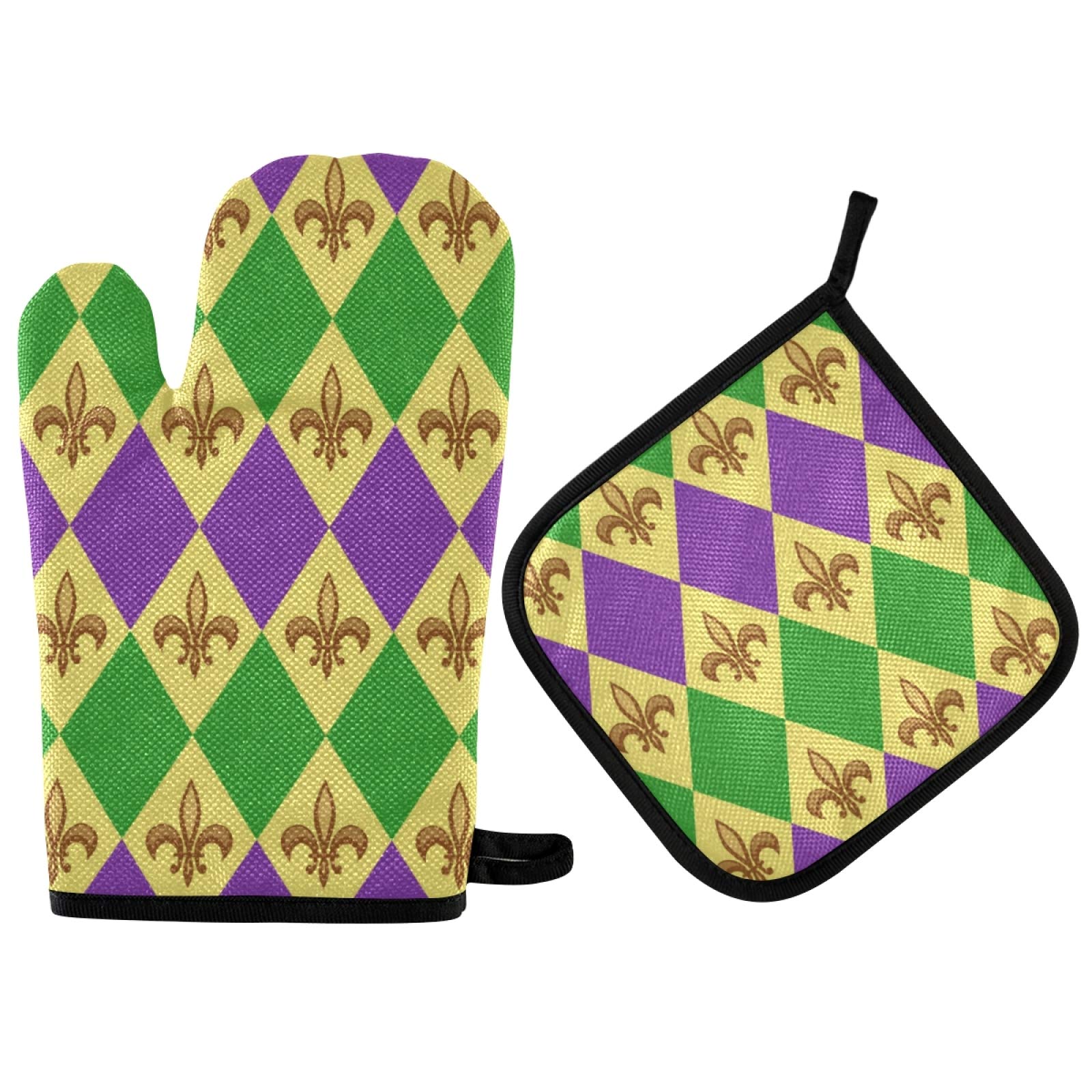 Aflyko Mardi Gras Oven Mitt & Pot Holder Set - Heat Resistant Kitchen Gloves with Festive Fleur De Lis Design - Perfect for Baking, BBQ, Cooking & Carnival Party Decor - Ideal Gift for Home Chefs & Holiday Entertaining