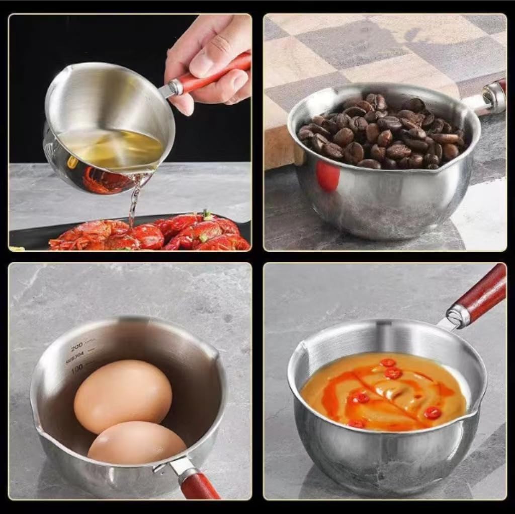 Mini Stainless Steel Milk Warmer Pot - 150ml Small Saucepan for Coffee, Soup & Beverage Heating | Heat-Resistant Wooden Handle | Perfect for Home, Office & Baby Bottle Warming