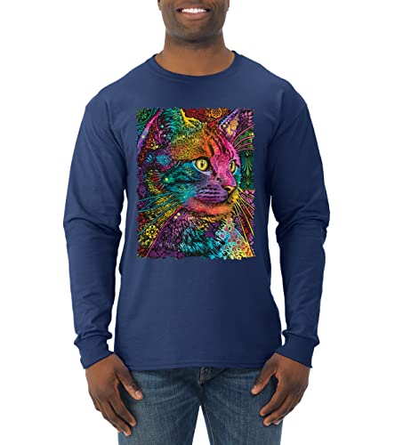 Dean Russo Art Cat Lover Long Sleeve Shirt - Colorful Cat Portrait Graphic Tee for Men - Perfect Gift for Cat Owners & Pet Lovers (Casual Wear, Gifts, Cat-Themed Parties)