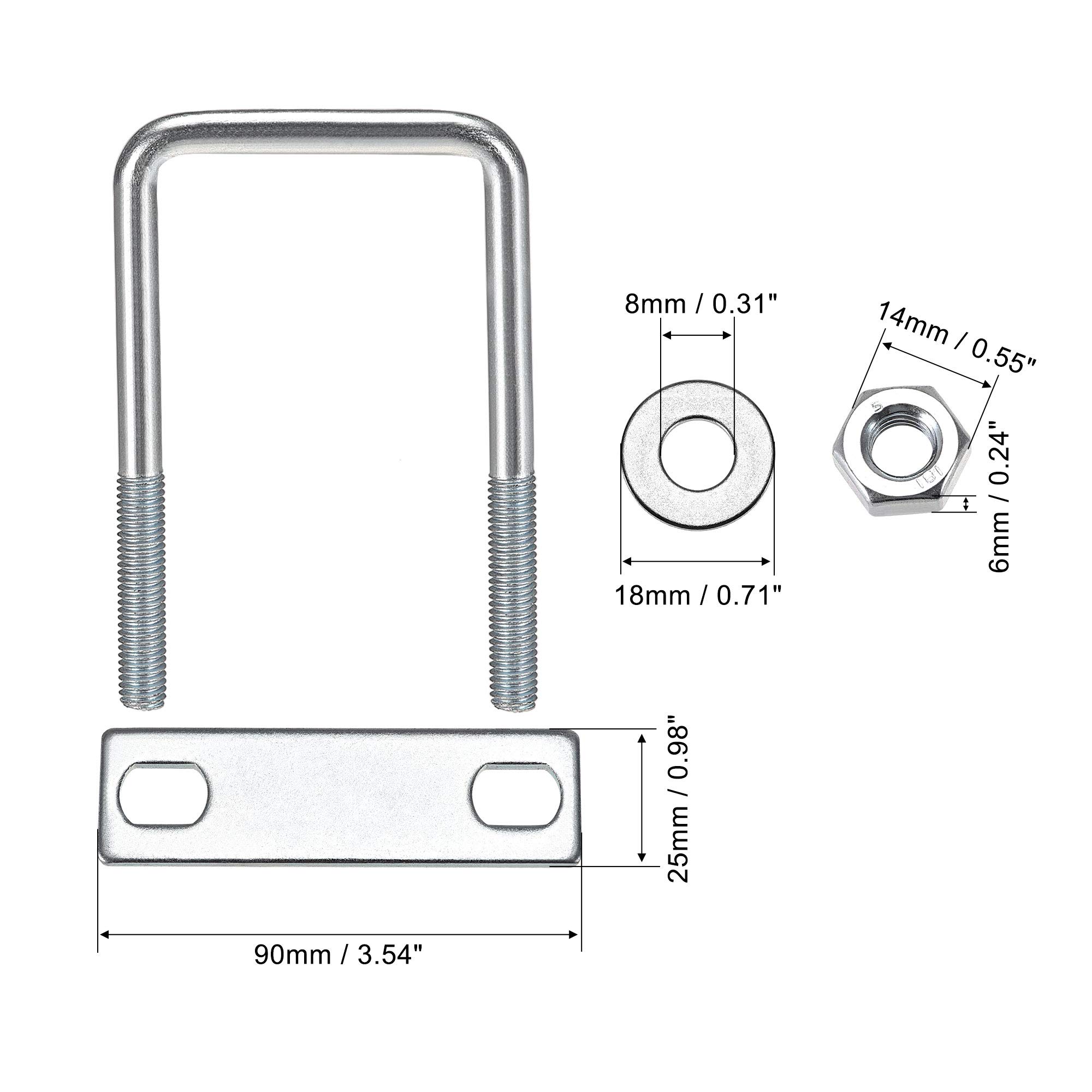 Carbon Steel M8 Square U-Bolts with Nuts & Washers 4-Pack - for Frame Mounting & DIY Projects