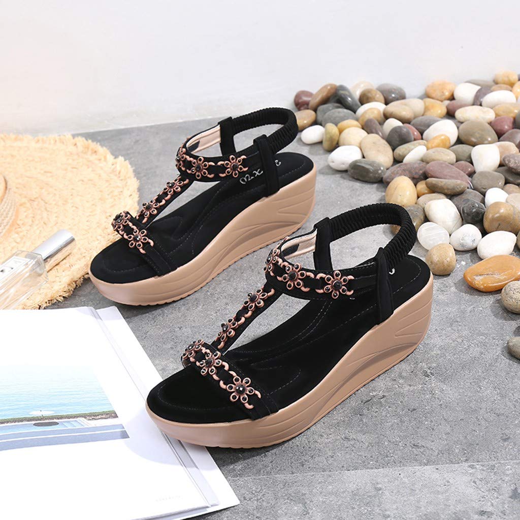 Women's Black Wedge Sandals with Flower Rhinestone Design - Comfortable Platform Summer Sling Sandals for Beach, Boho & Casual Outfits | Plus Size Available