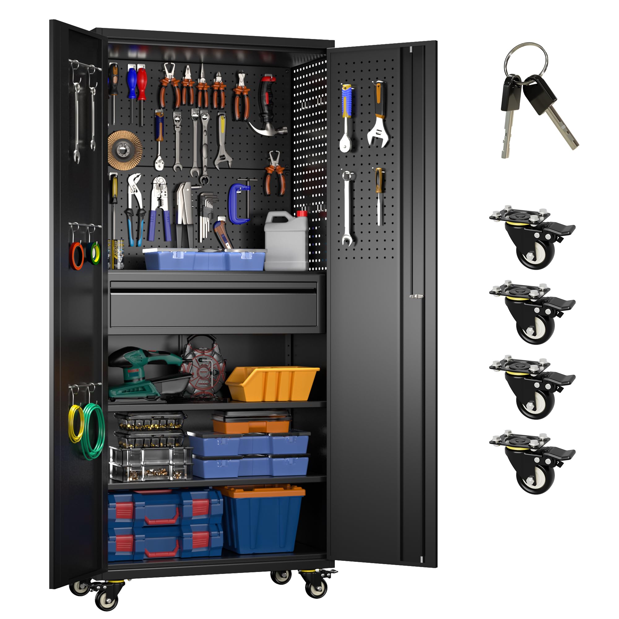 Heavy-Duty Metal Storage Cabinet with Wheels - Steel Utility Cabinet with 1 Drawer & 2 Adjustable Shelves for Home, Office, Kitchen, School & Pantry Organization | Perfect for Garage Storage, Classroom Supplies & Kitchenware Organization