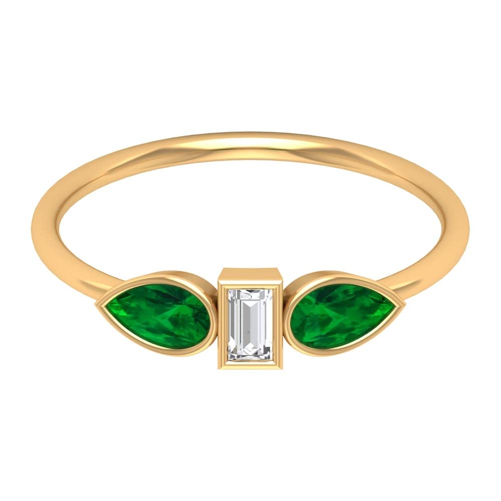 14K Solid Gold Emerald and Diamond Three Stone Promise Ring for Women - Bezel Set Engagement Ring, Anniversary Gift, Wedding Jewelry - Perfect for Proposals, Special Occasions & Everyday Elegance