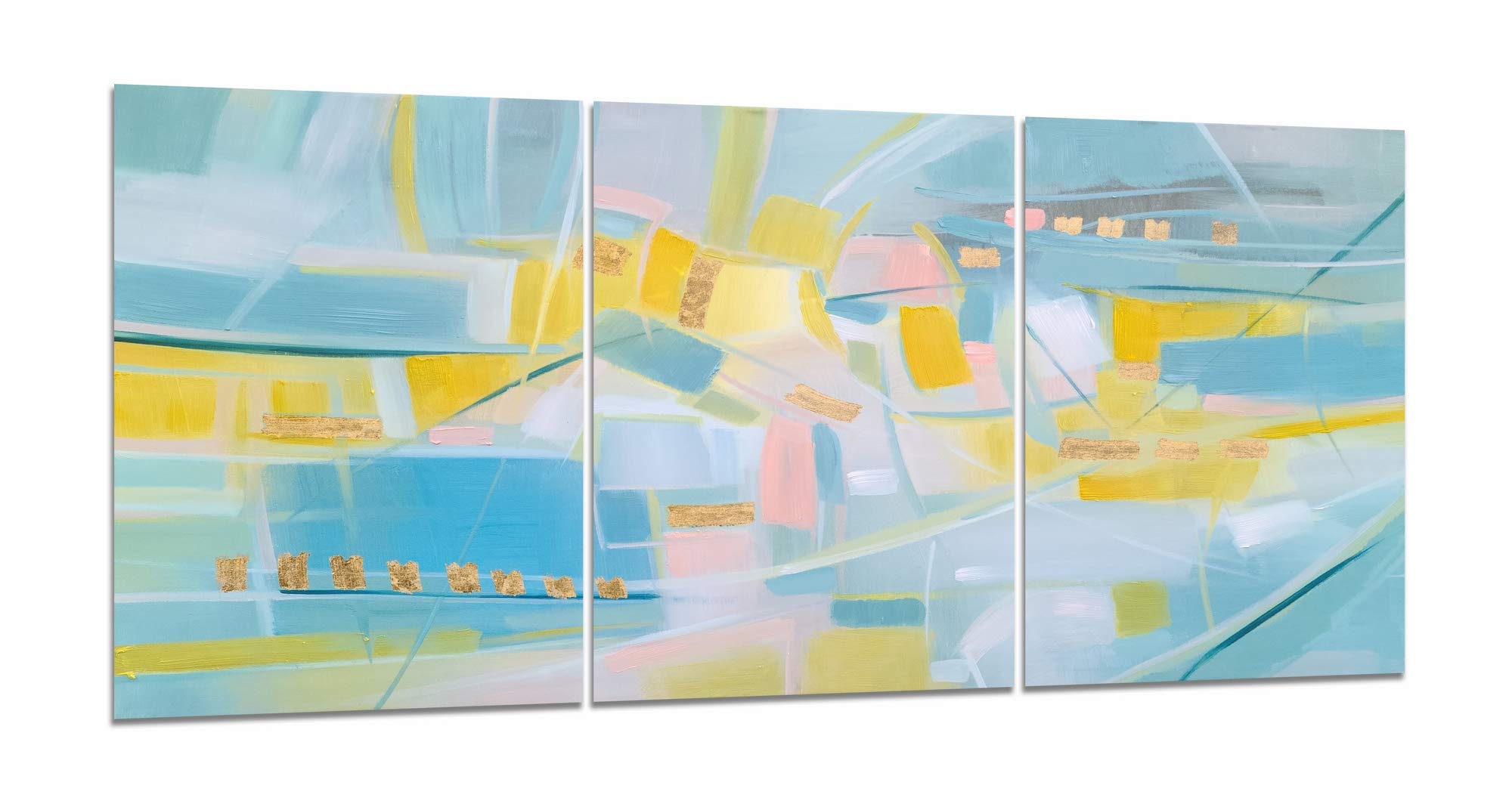 Yihui Arts 3 Panel Abstract Oil Painting Canvas Wall Art with Gold Foil - Yellow & Teal Modern Home Decor for Living Room, Bedroom, Bathroom - Perfect for Housewarming Gifts & Interior Design