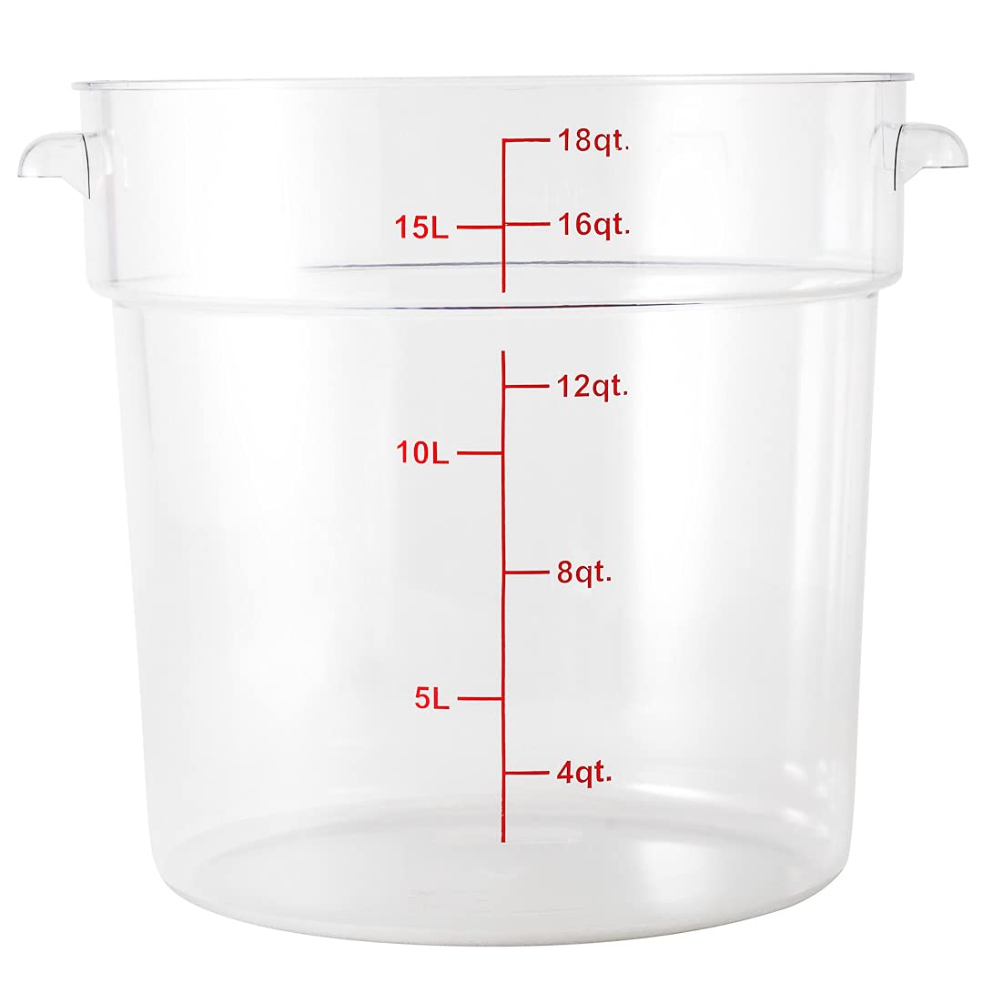 Restaurantware Met Lux 18 Quart (17 Liter) Clear Plastic Food Storage Containers - Set of 10 Round Commercial Food Prep Buckets with Volume Markers, Lids Sold Separately - Ideal for Restaurant Kitchen, Catering, Bulk Food Storage & Space-Saving Organization