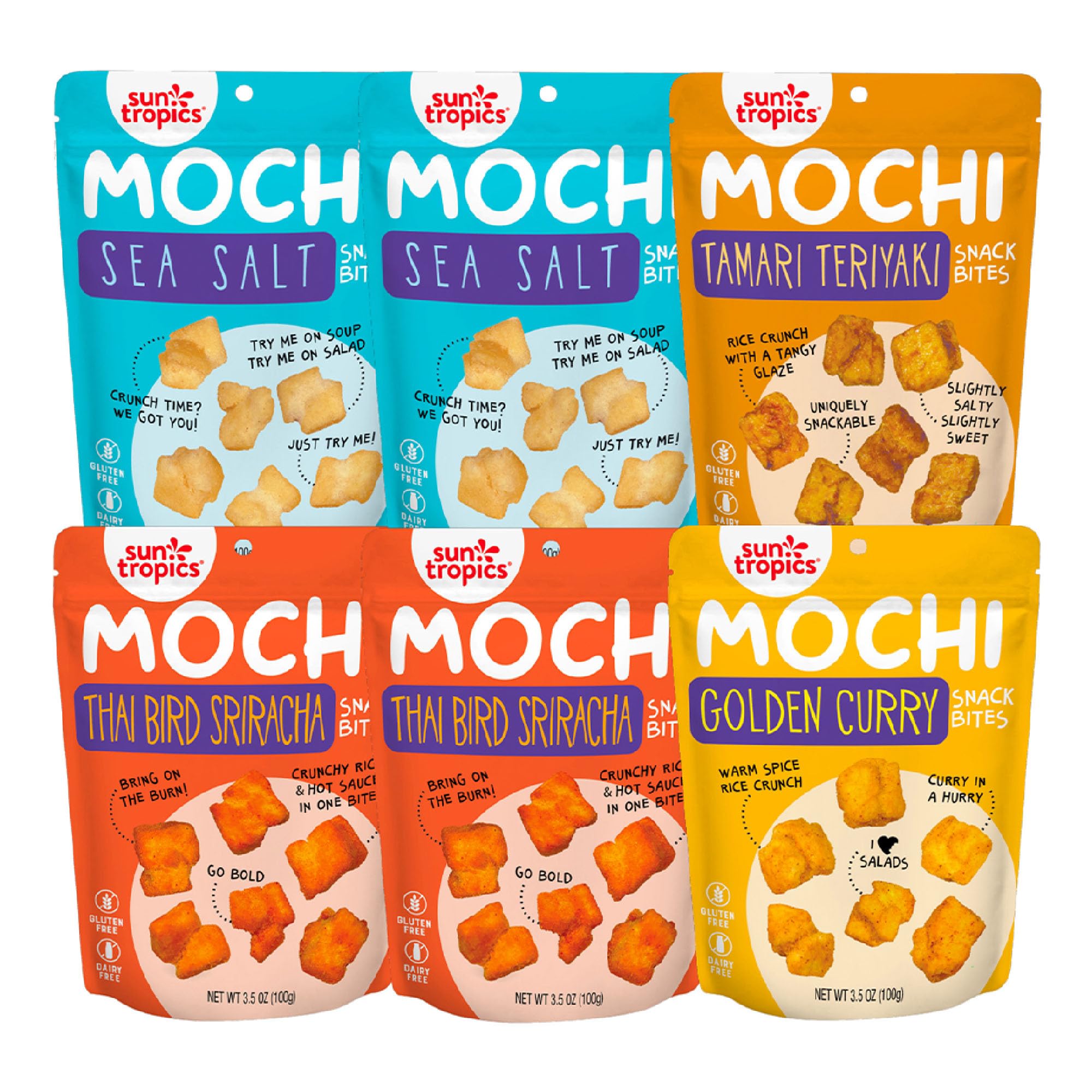 Sun Tropics Mochi Snack Bites Variety Pack - 3.5oz (6 Pack) | Crunchy Gluten Free & Dairy Free Asian Rice Snacks | No MSG | Perfect for Lunchboxes, Office Snacks & On-the-Go Treats